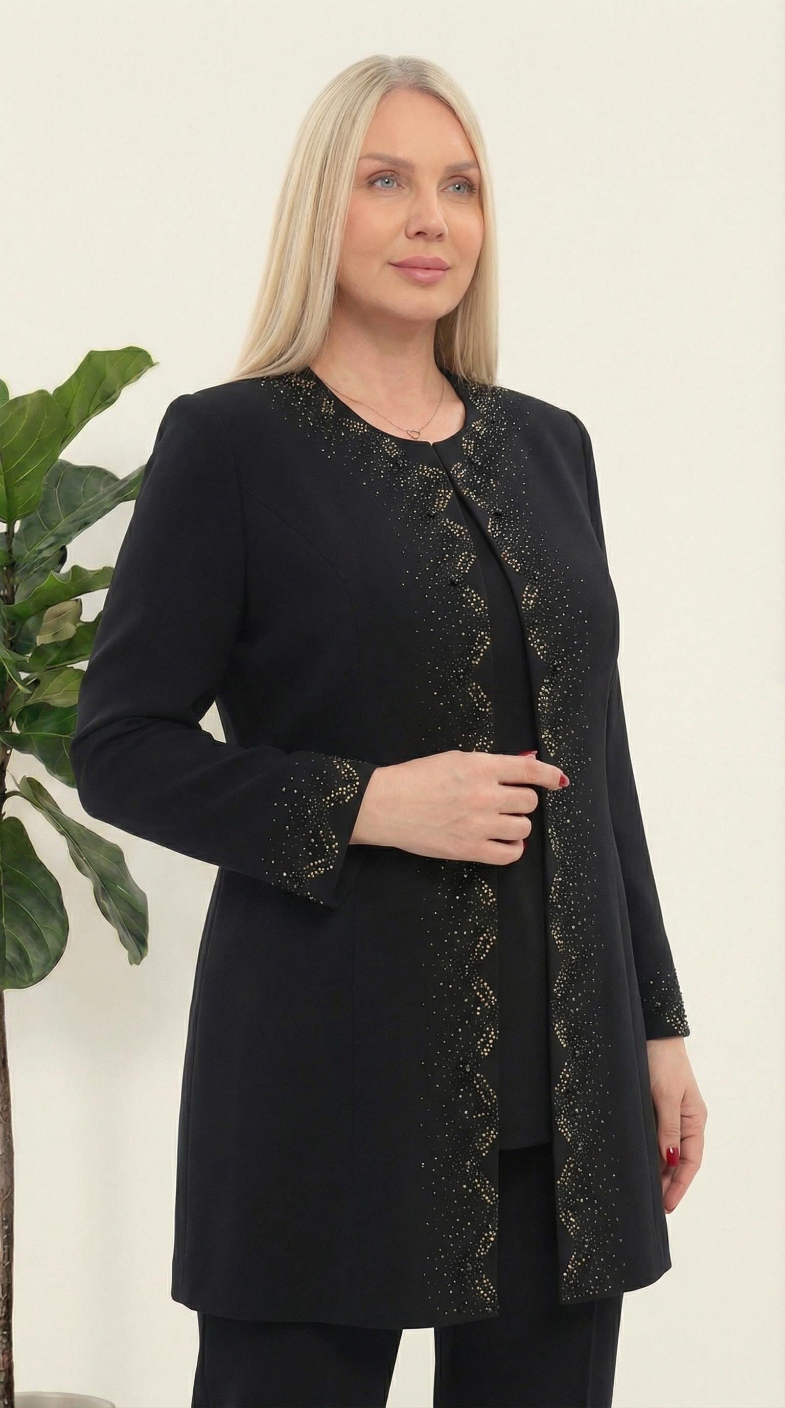 Ceketi Taş İşlemeli Astarlı Şık Siyah Üçlü Pantolonlu Takım