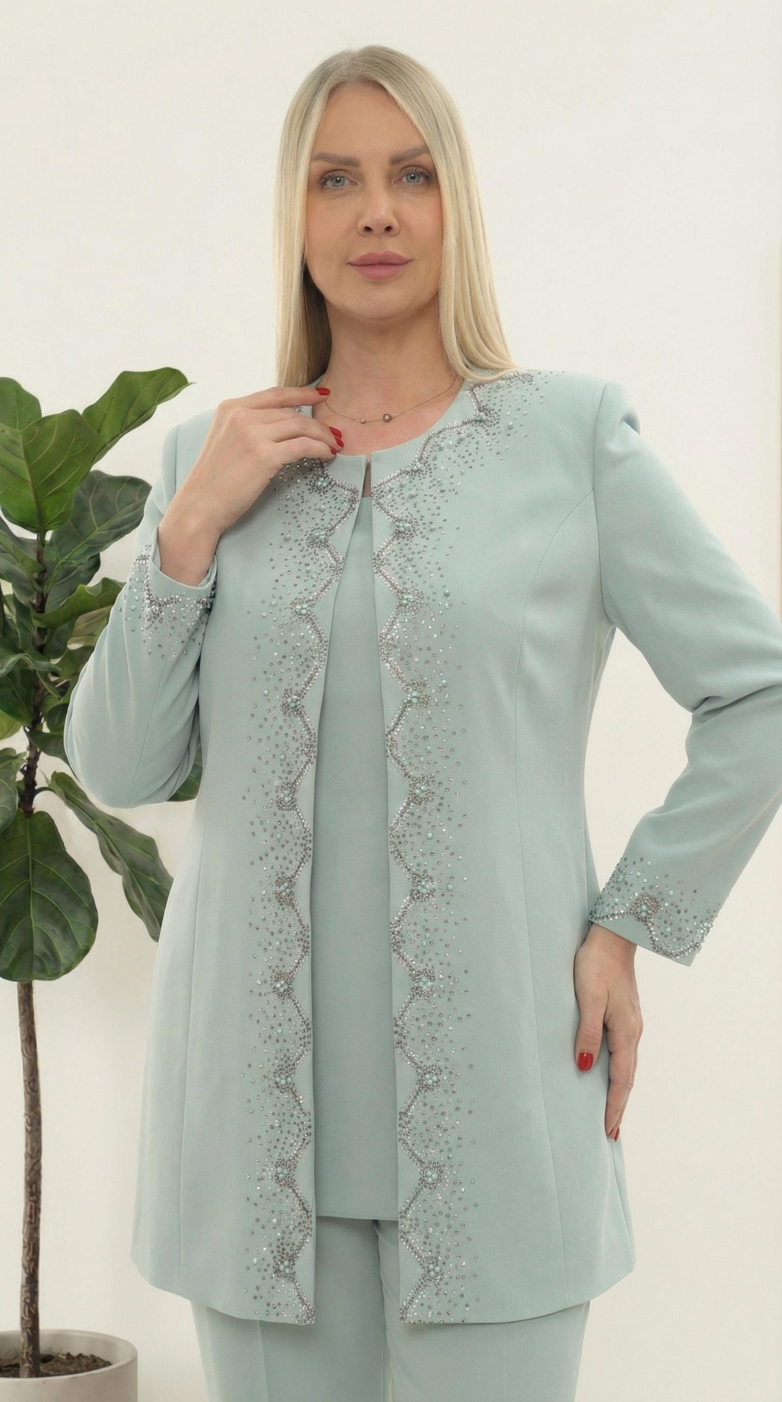 Ceketi Taş İşlemeli Astarlı Şık Mint Üçlü Pantolonlu Takım