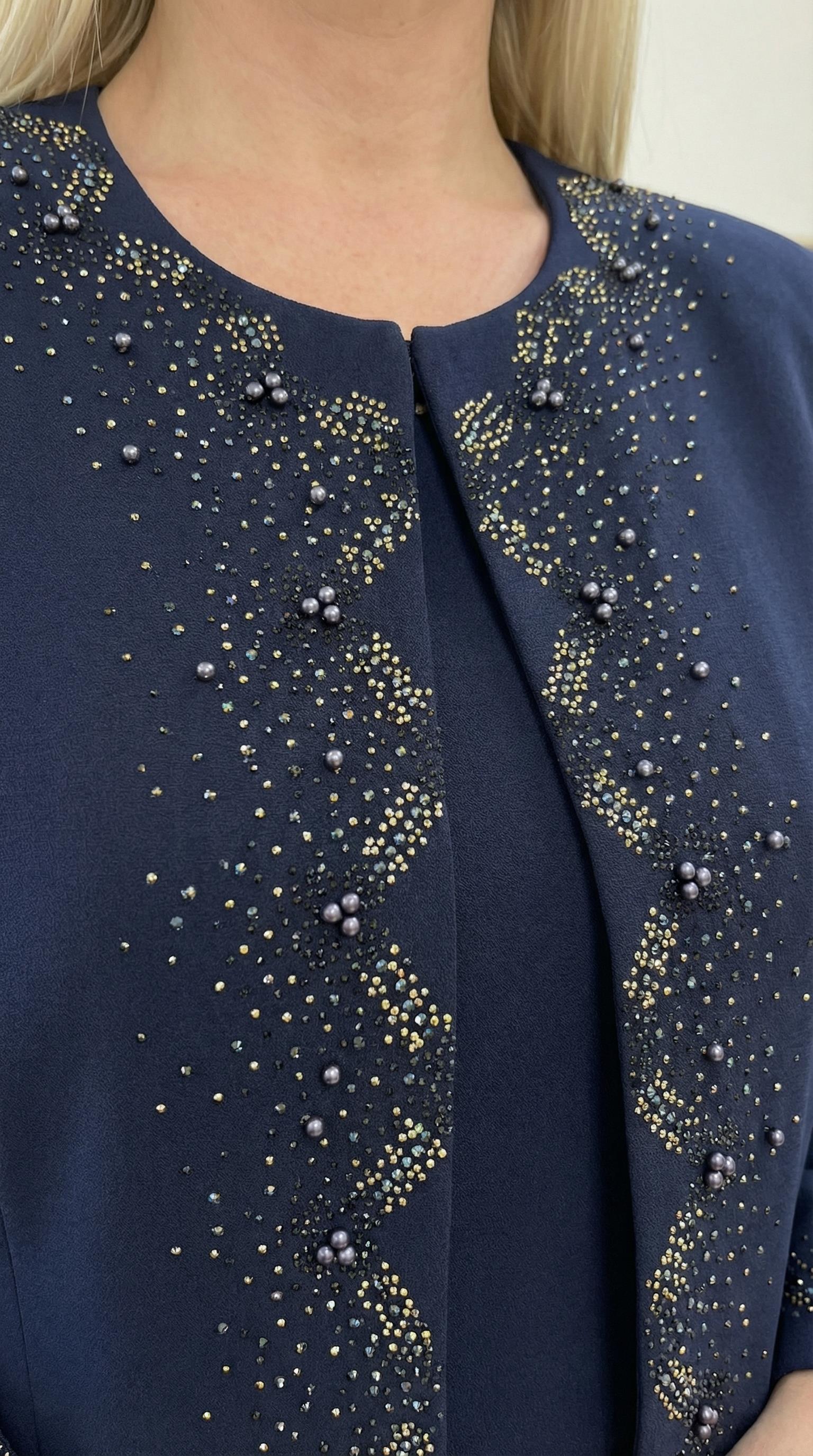 Ceketi Taş İşlemeli Astarlı Şık Lacivert Üçlü Pantolonlu Takım