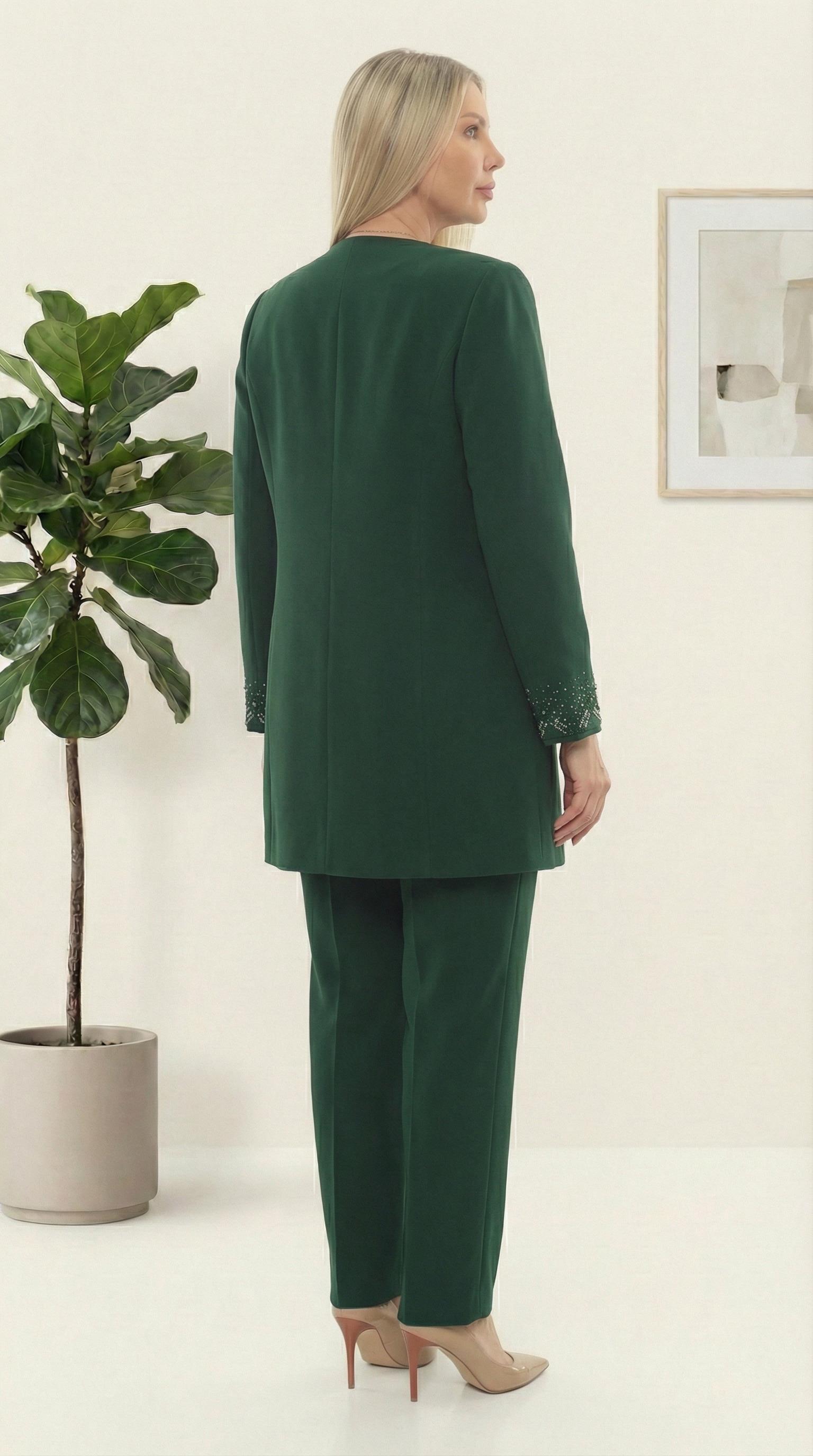 Ceketi Taş İşlemeli Astarlı Şık Yeşil Üçlü Pantolonlu Takım