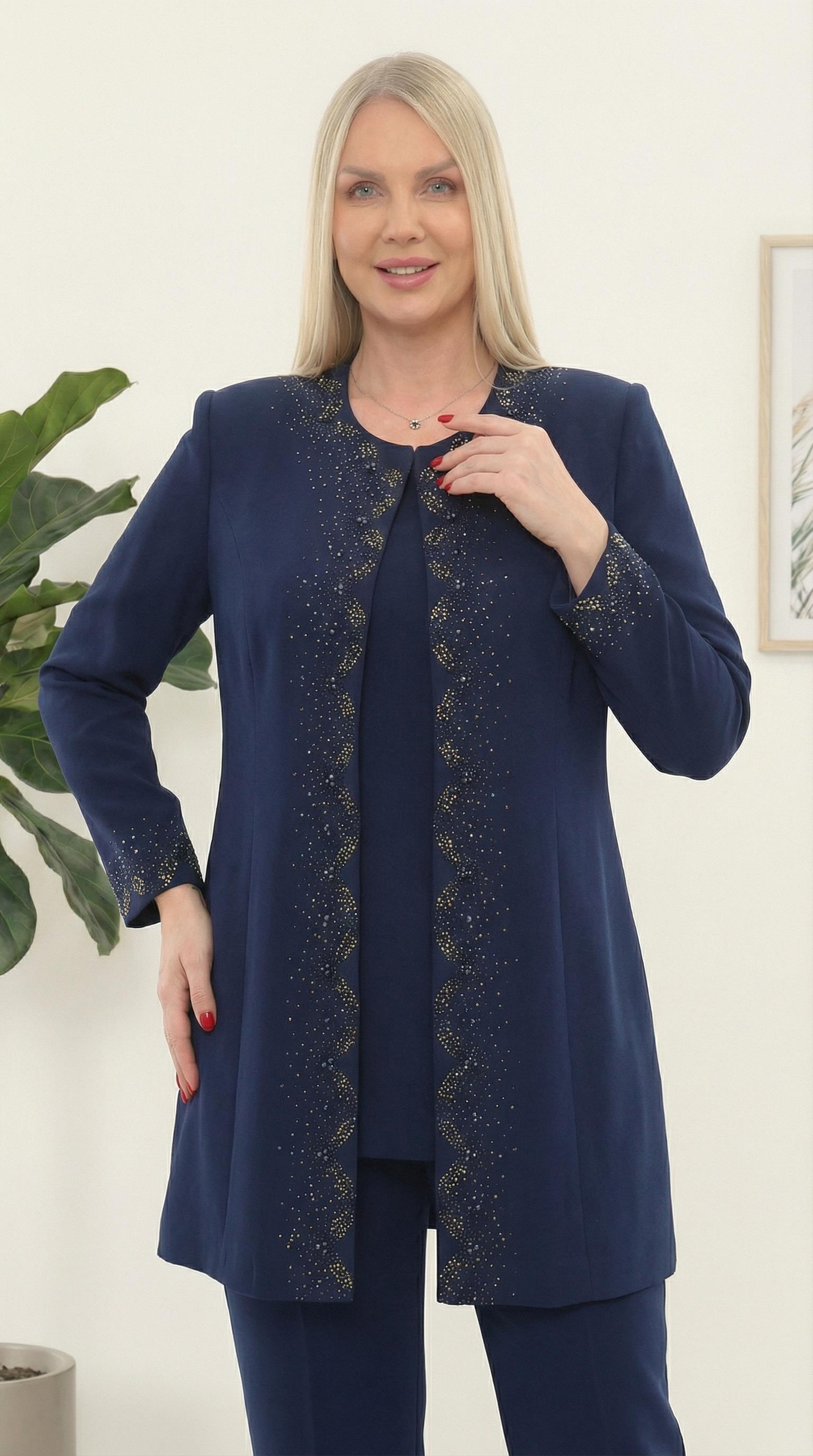 Ceketi Taş İşlemeli Astarlı Şık Lacivert Üçlü Pantolonlu Takım