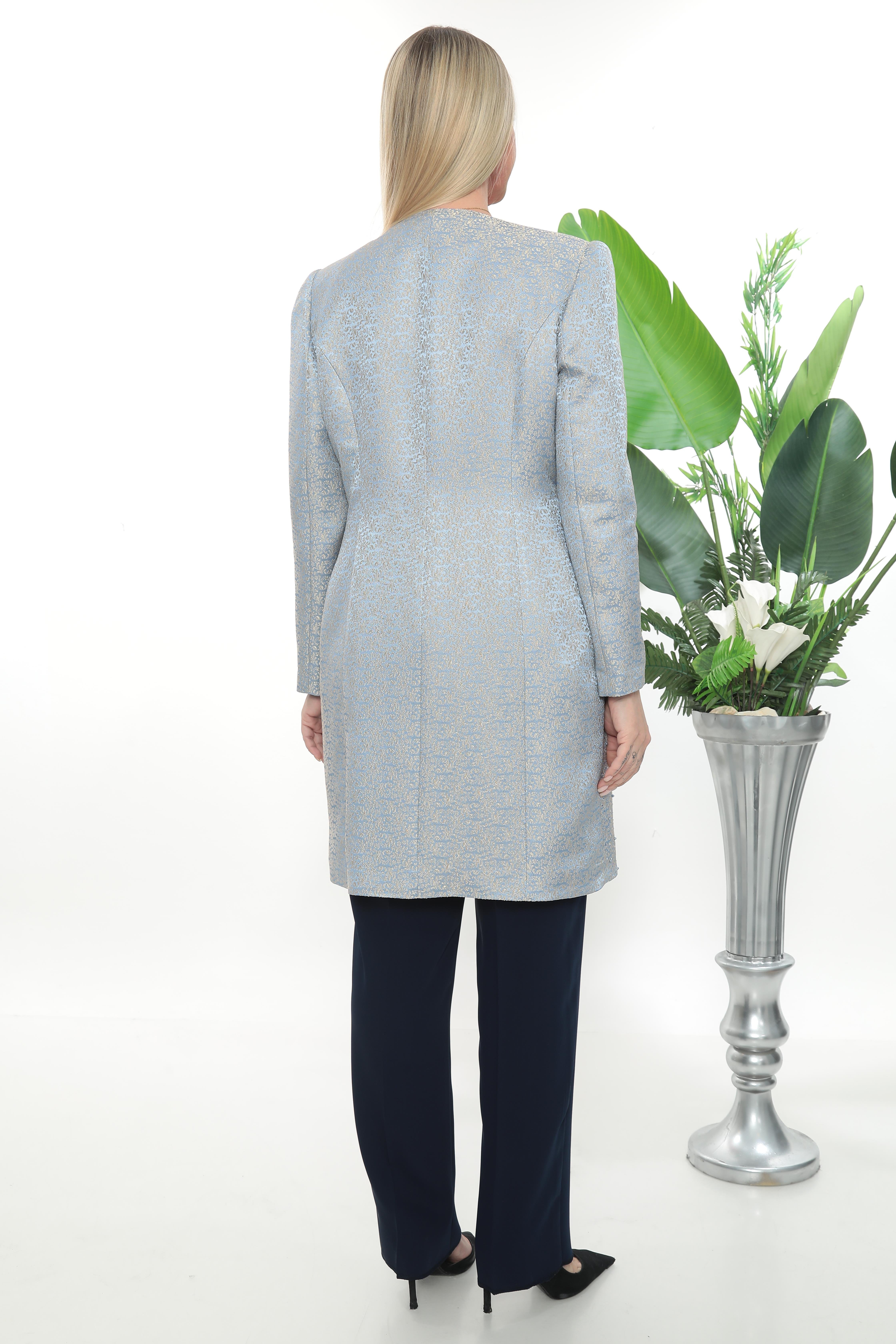 Ceketi Taş İşleme Detaylı Jakar Dokumalı Lacivert Üçlü Pantolonlu Takım