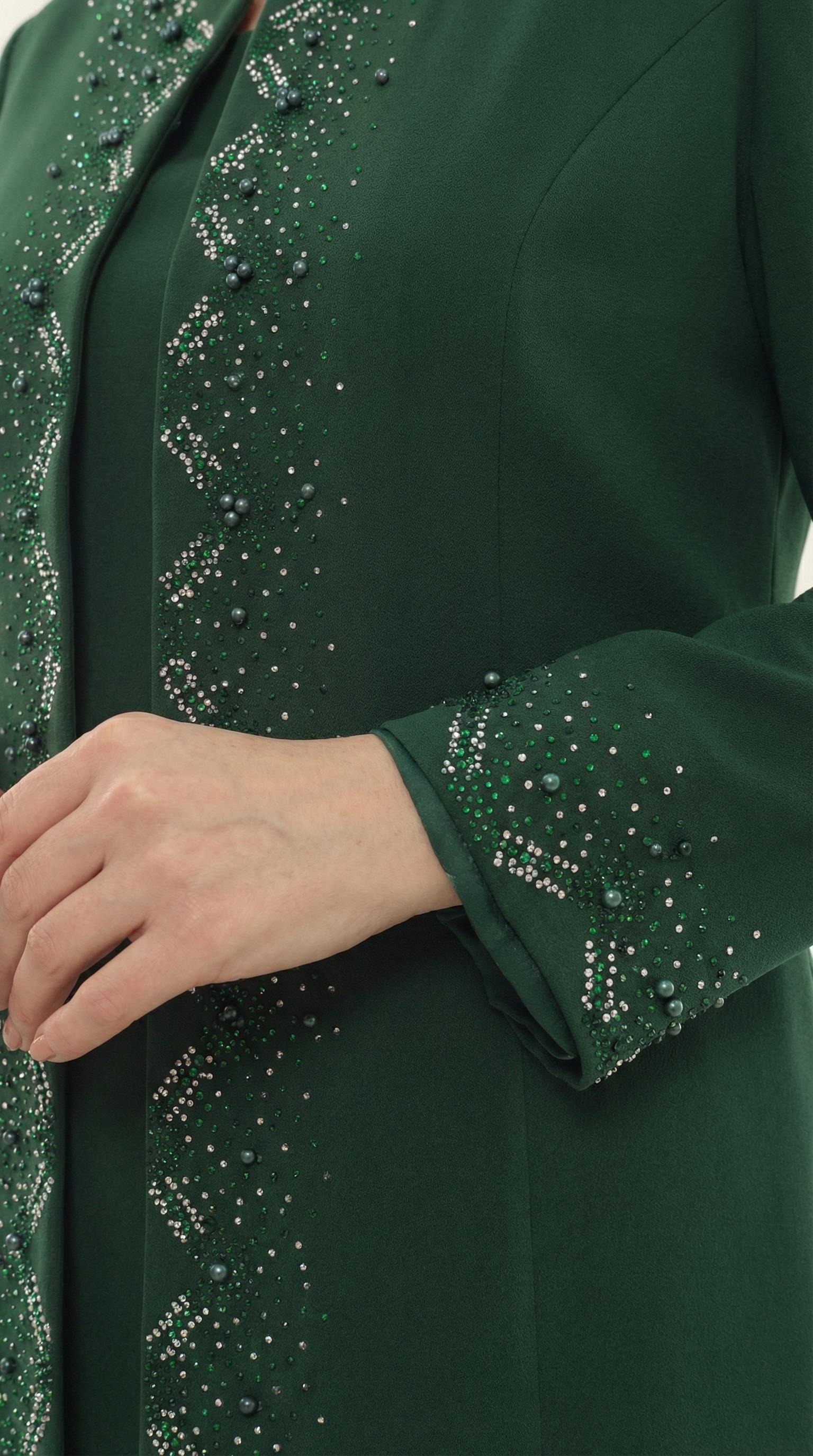 Ceketi Taş İşlemeli Astarlı Şık Yeşil Üçlü Pantolonlu Takım