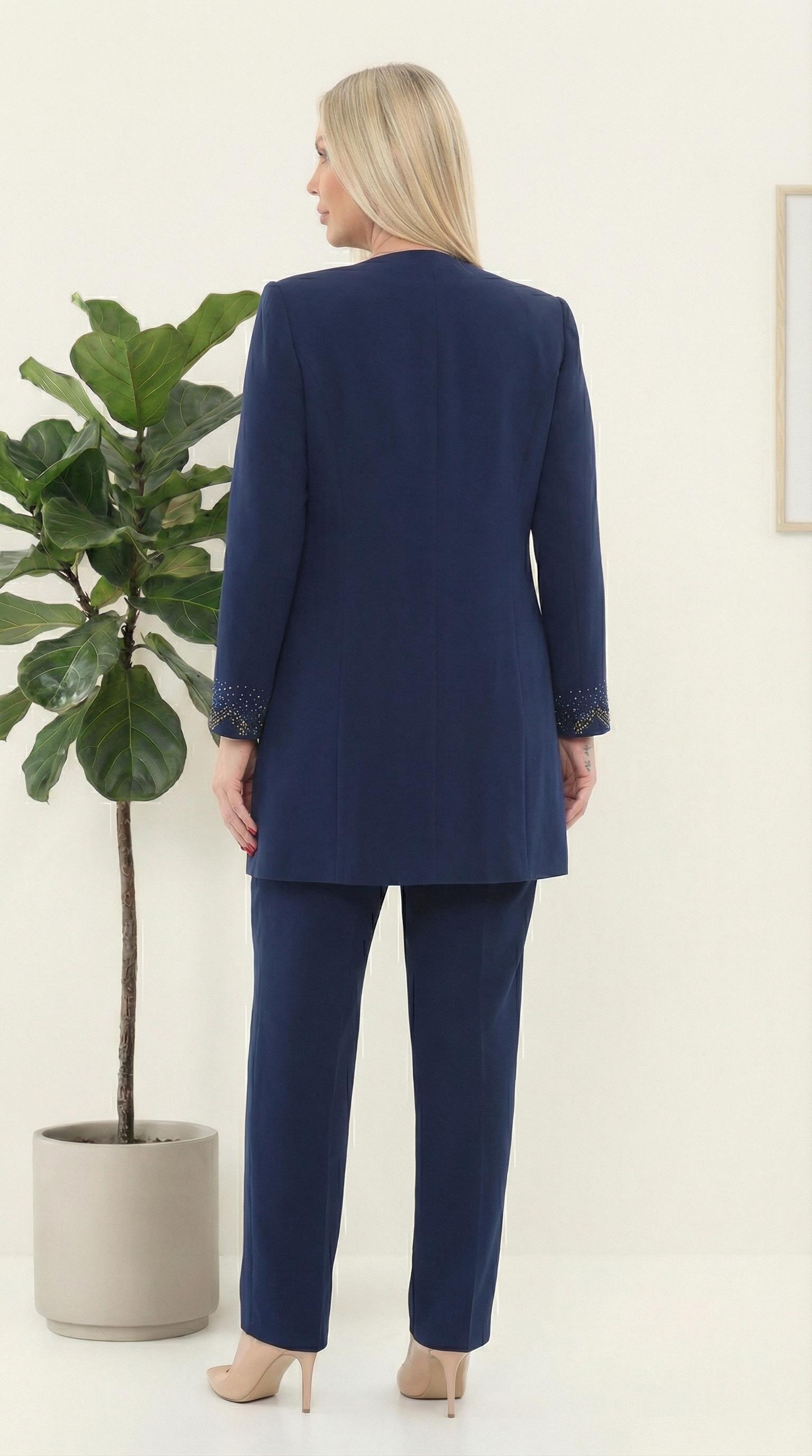 Ceketi Taş İşlemeli Astarlı Şık Lacivert Üçlü Pantolonlu Takım