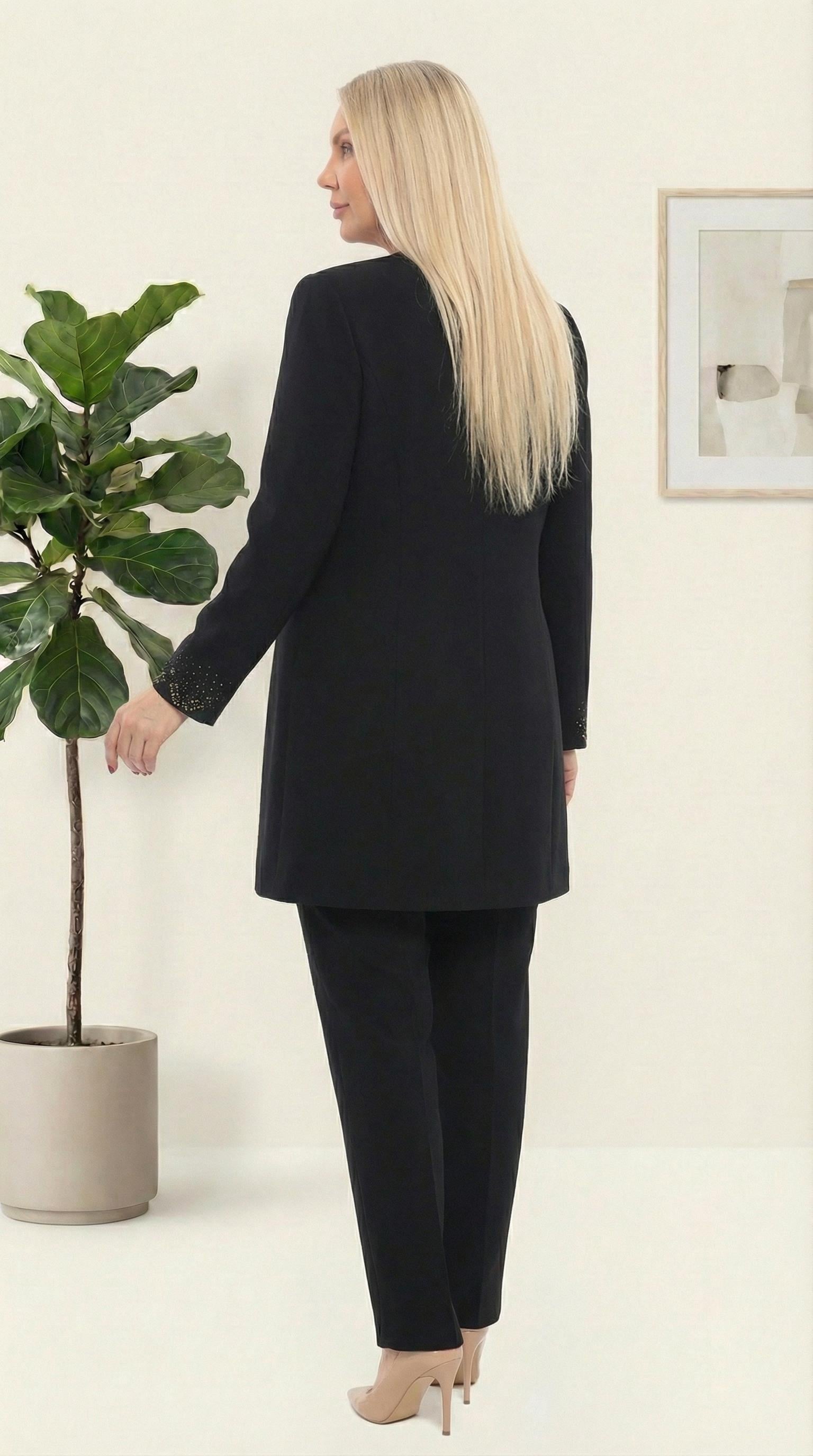 Ceketi Taş İşlemeli Astarlı Şık Siyah Üçlü Pantolonlu Takım