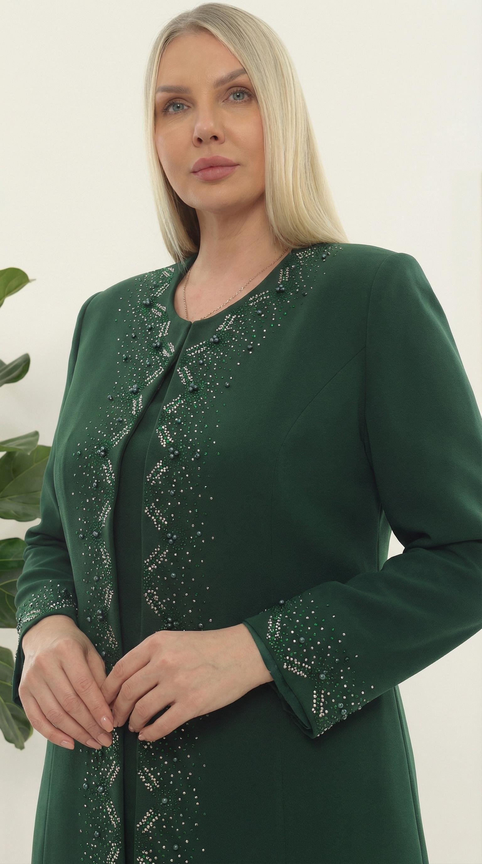 Ceketi Taş İşlemeli Astarlı Şık Yeşil Üçlü Pantolonlu Takım