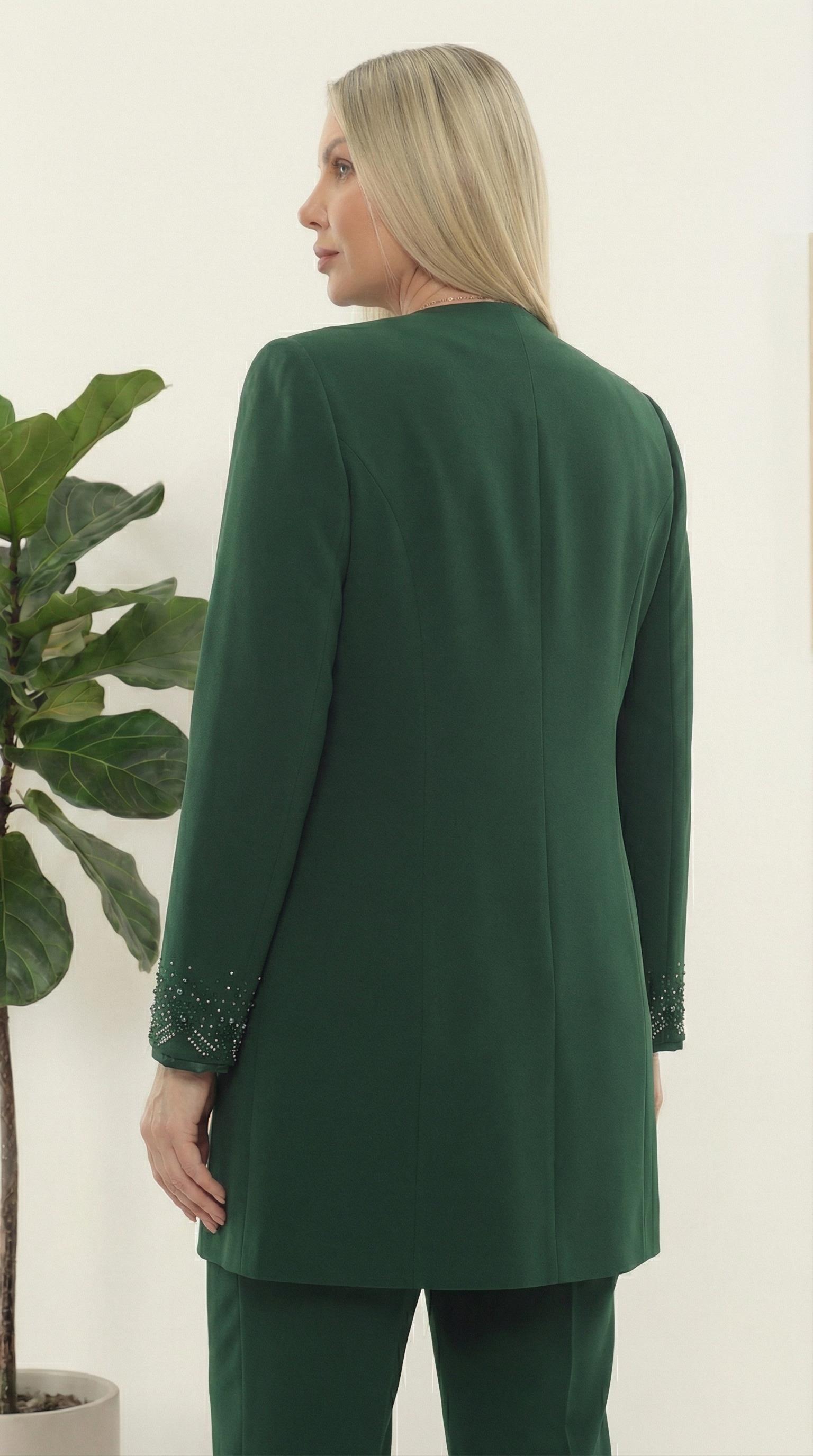 Ceketi Taş İşlemeli Astarlı Şık Yeşil Üçlü Pantolonlu Takım