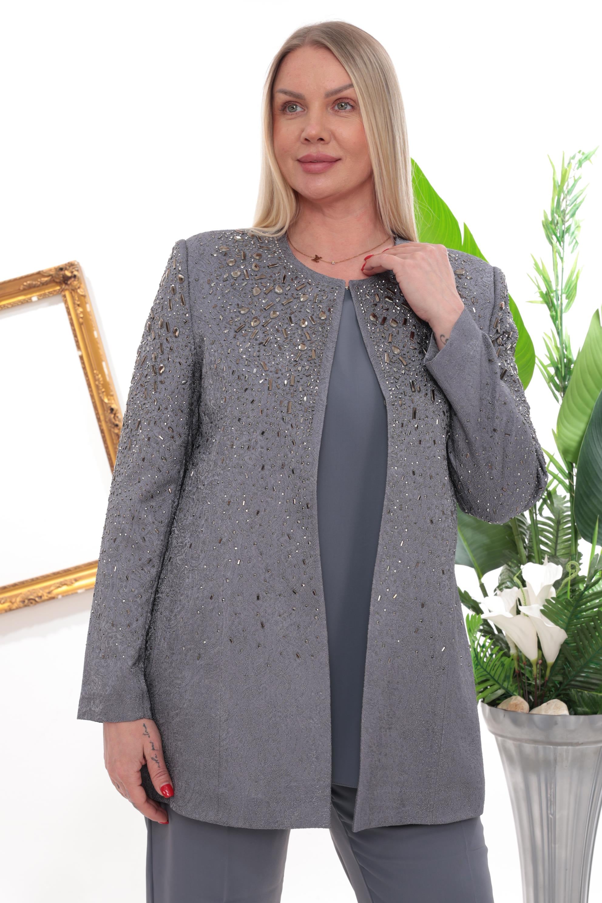 Ceketi Taşlı Jakar Kumaş Gri Üçlü Pantolonlu Takım