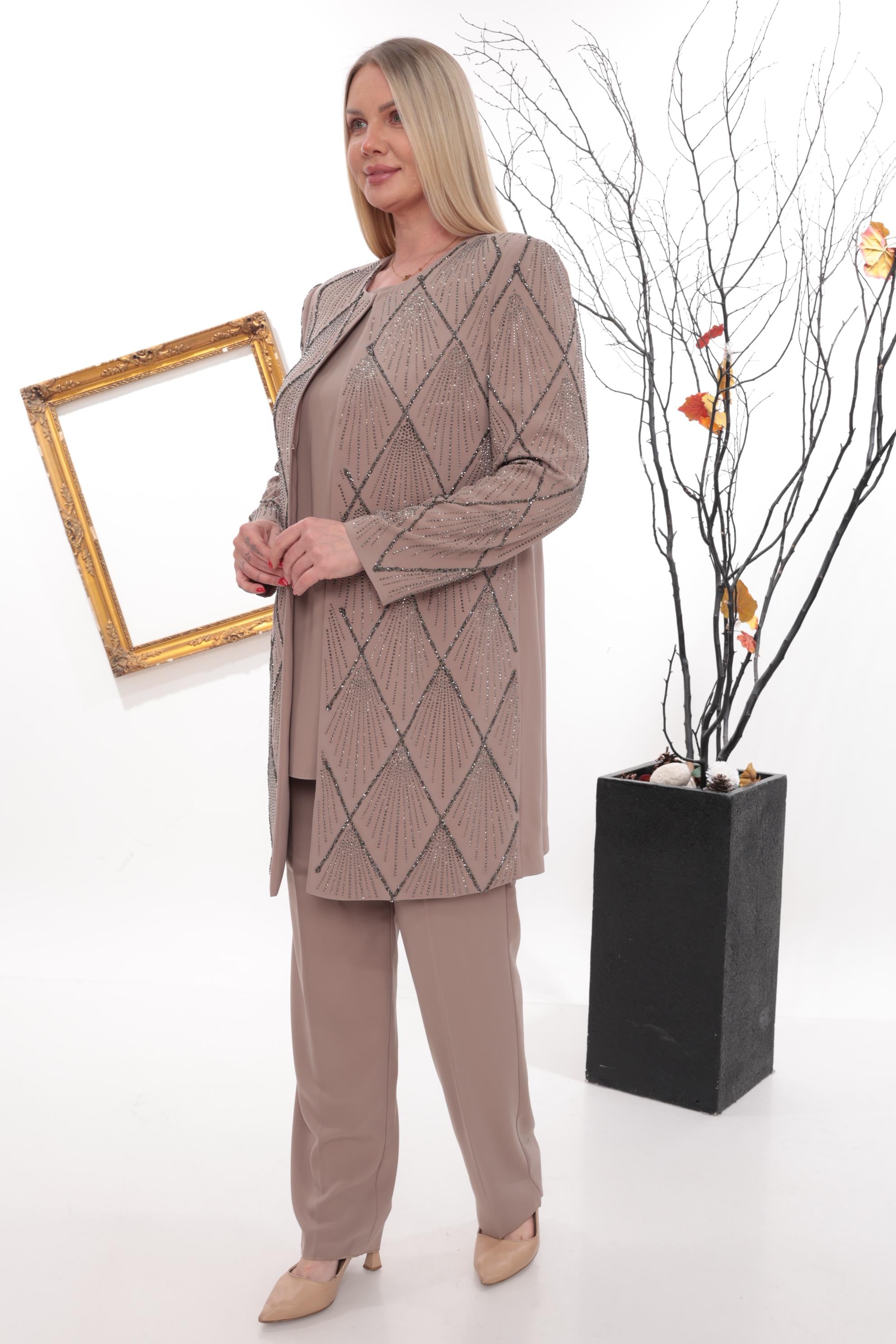 Geometrik Kristal Taş İşlemeli Kiremit Üçlü Pantolonlu Takım