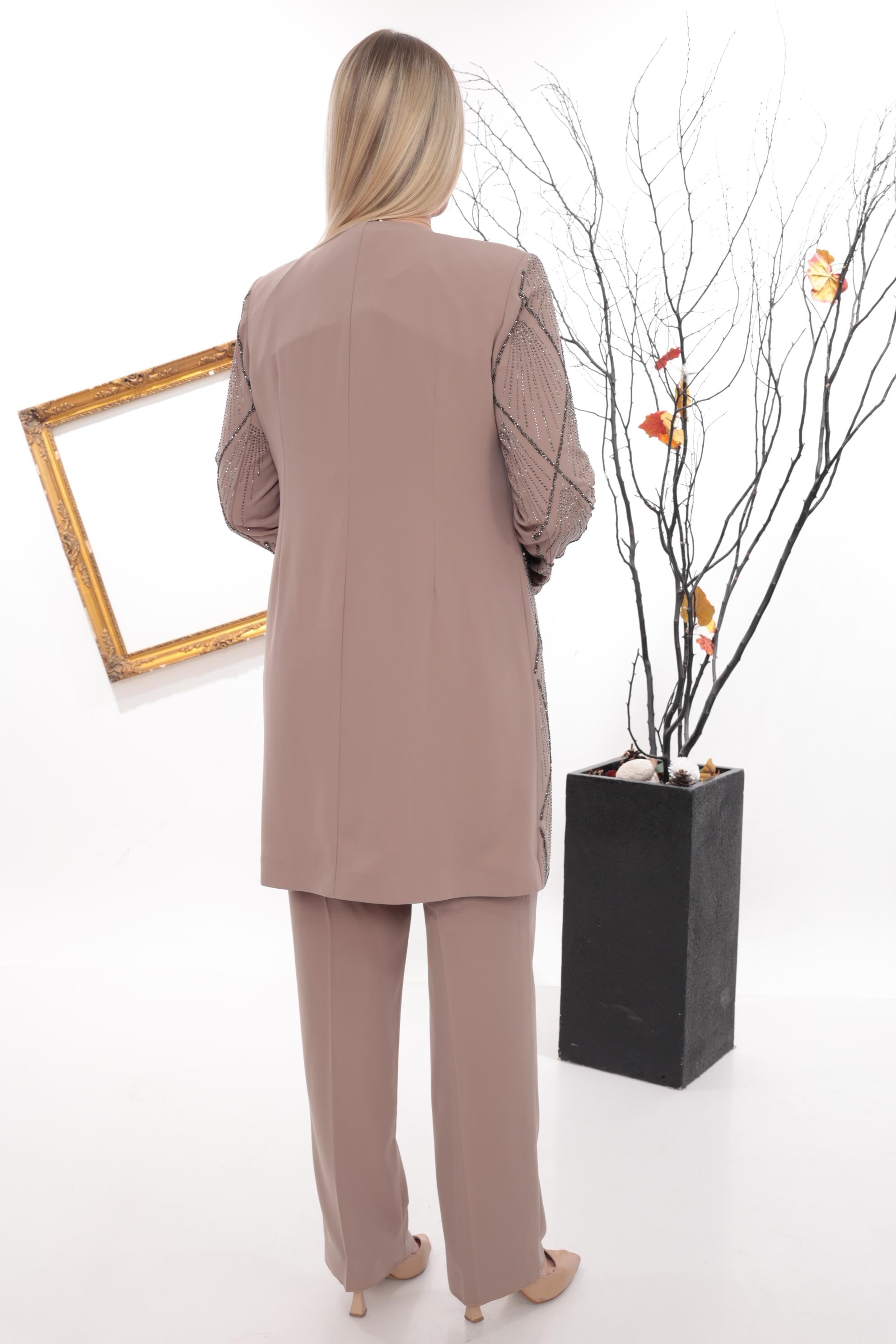 Geometrik Kristal Taş İşlemeli Kiremit Üçlü Pantolonlu Takım