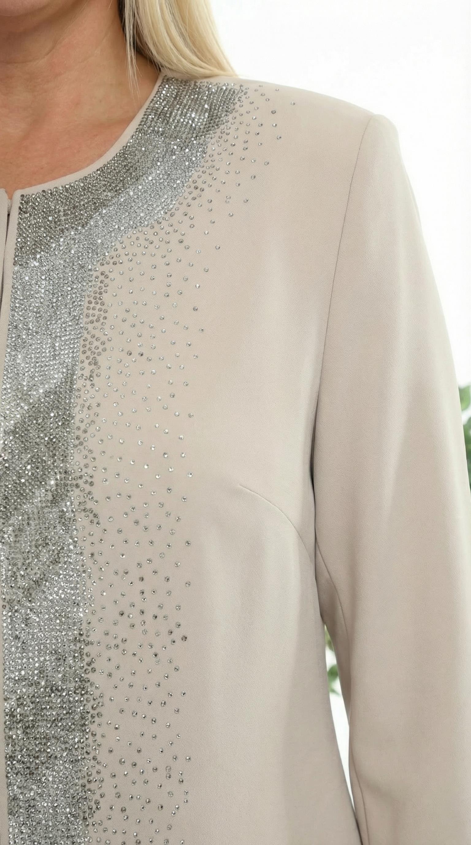 Taş İşlemeli Astarlı Bej Üçlü Pantolonlu Takım