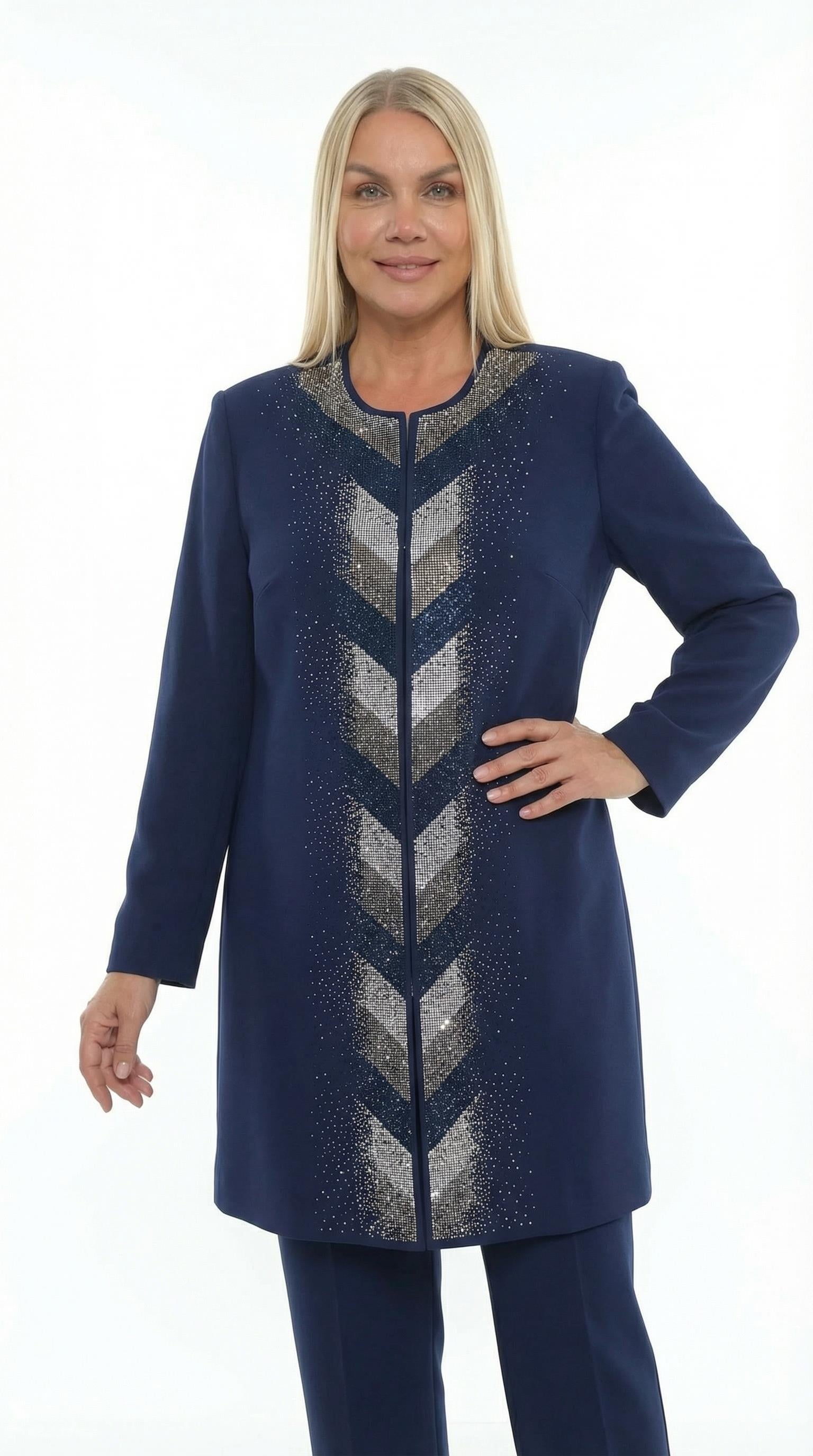 Taş İşlemeli Astarlı Lacivert Üçlü Pantolonlu Takım