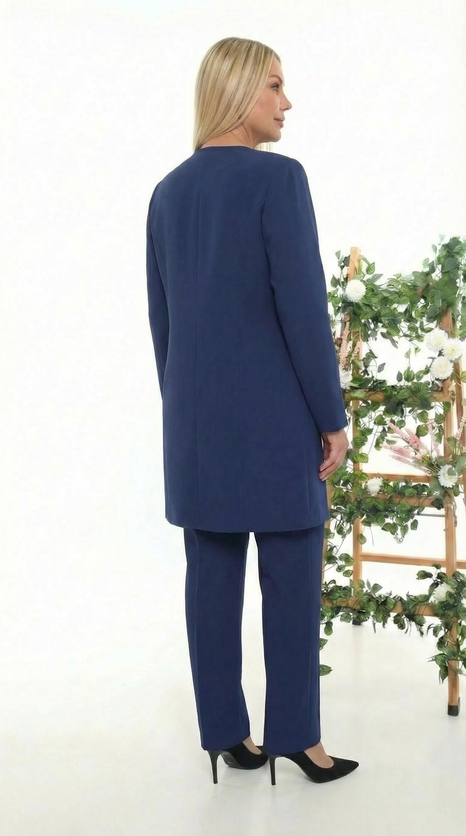 Taş İşlemeli Astarlı Lacivert Üçlü Pantolonlu Takım