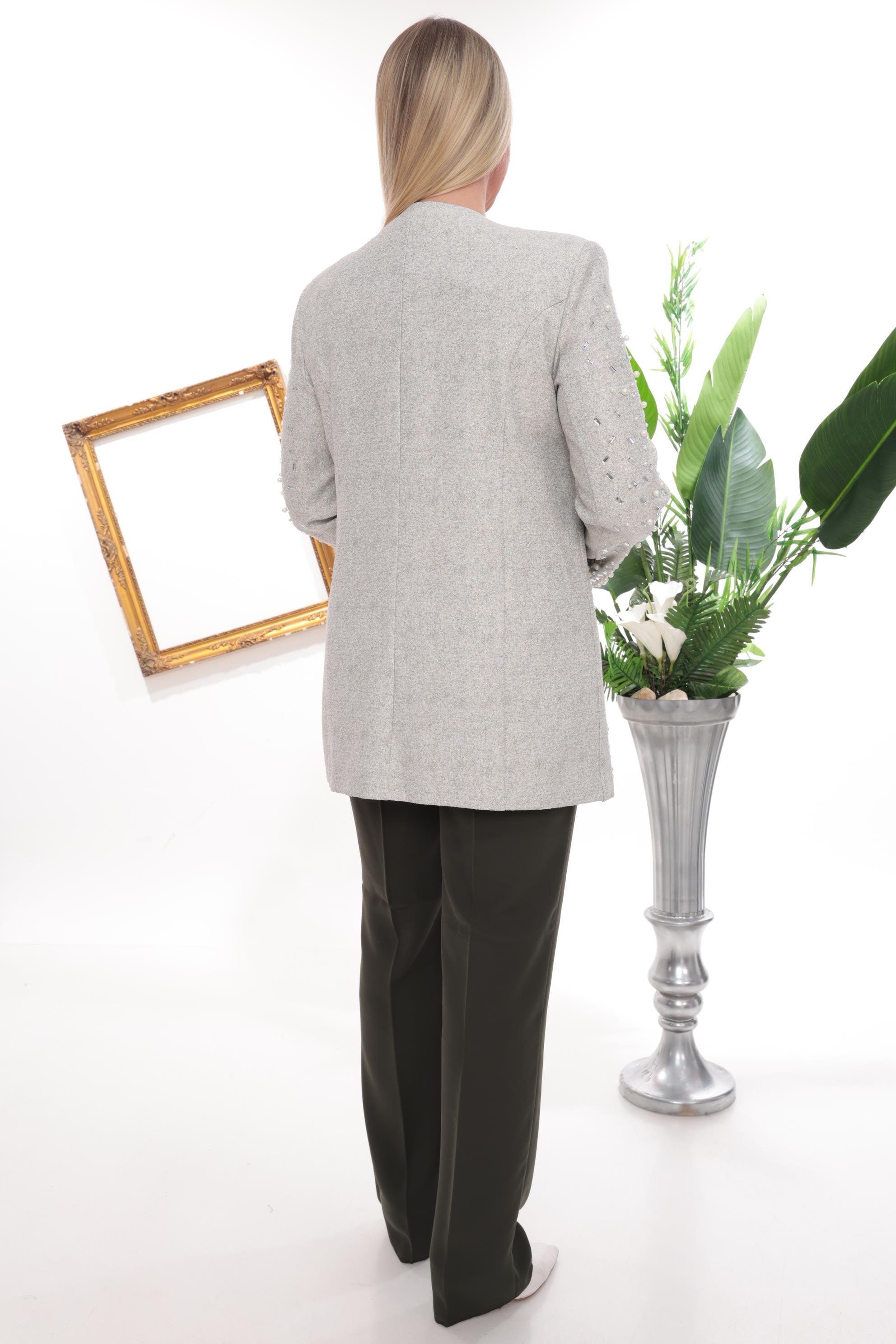 Uzun Kollu Ceketi Taş İşleme Detaylı Haki Üçlü Pantolonlu Takım