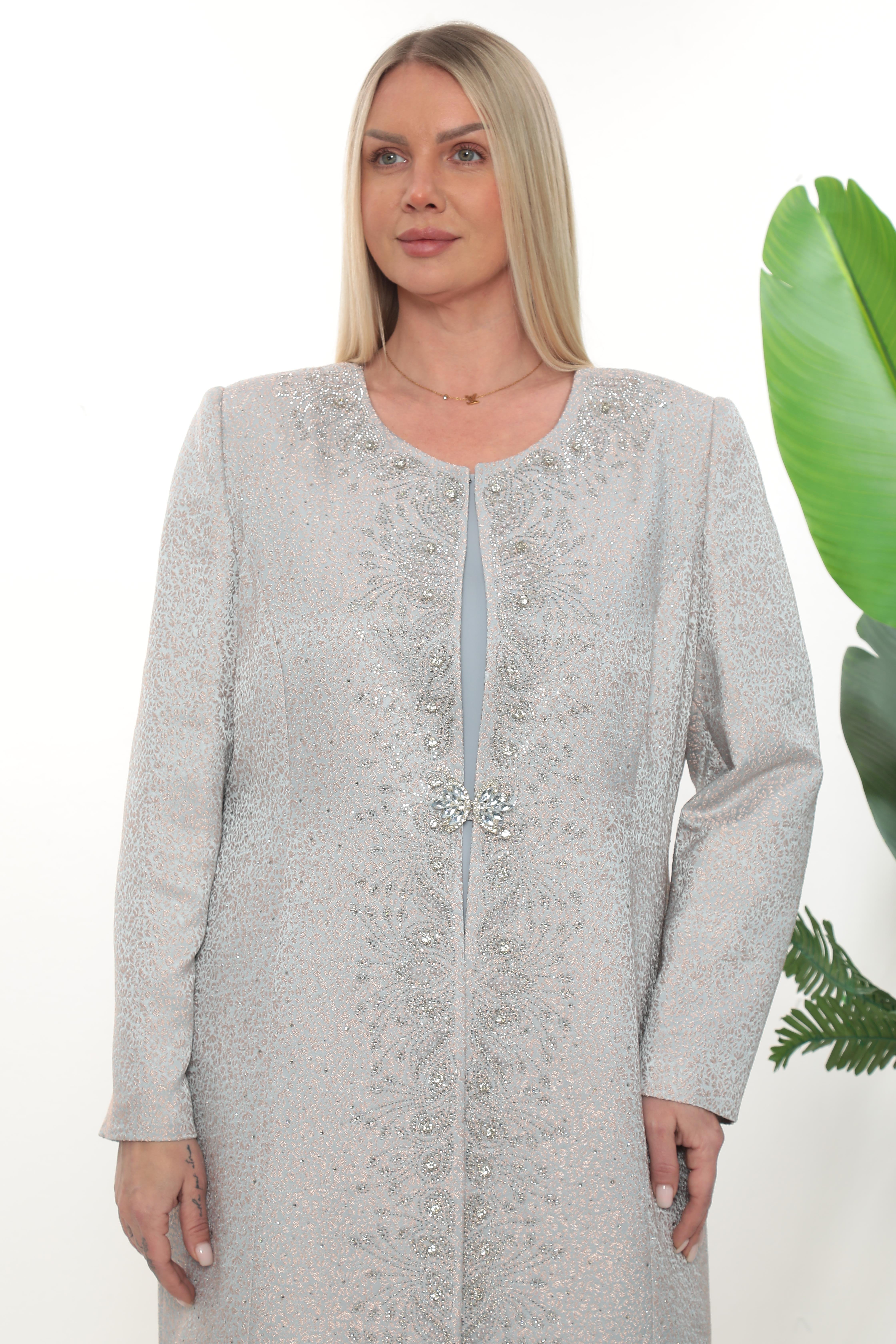 Zarif Taş Detaylı İşlemeli Buz Mavisi Üçlü Pantolonlu Takım