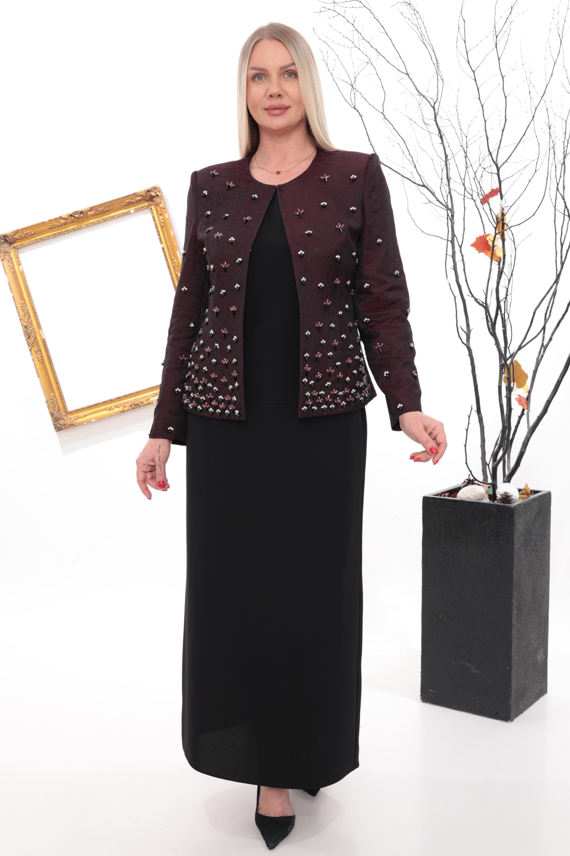 Bordo Taş İşlemeli Uzun Etekli Üçlü Takım