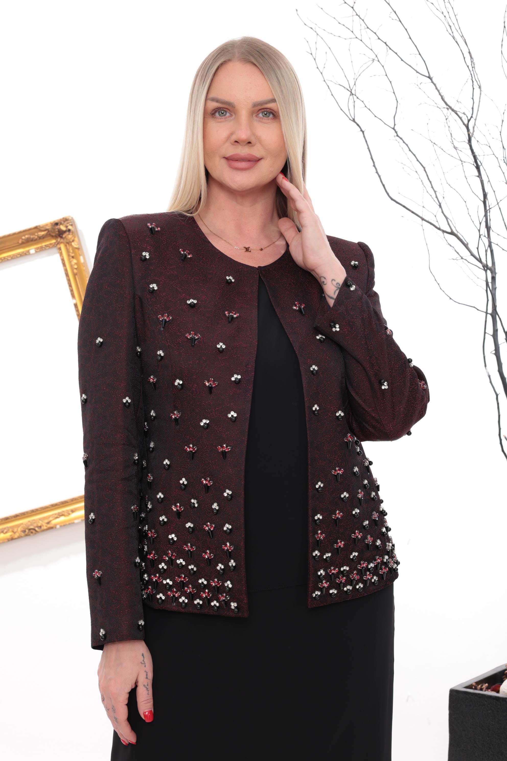 Bordo Taş İşlemeli Uzun Etekli Üçlü Takım