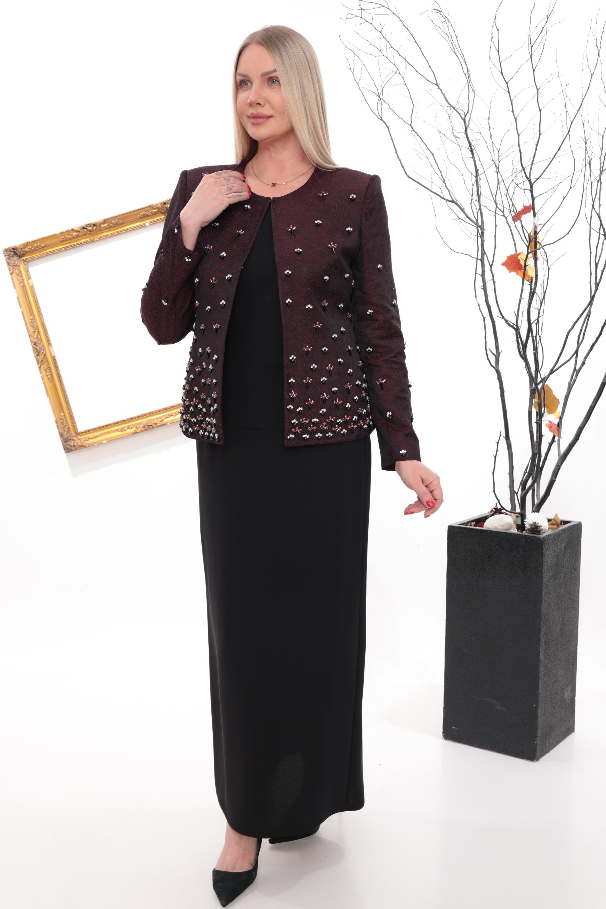 Bordo Taş İşlemeli Uzun Etekli Üçlü Takım