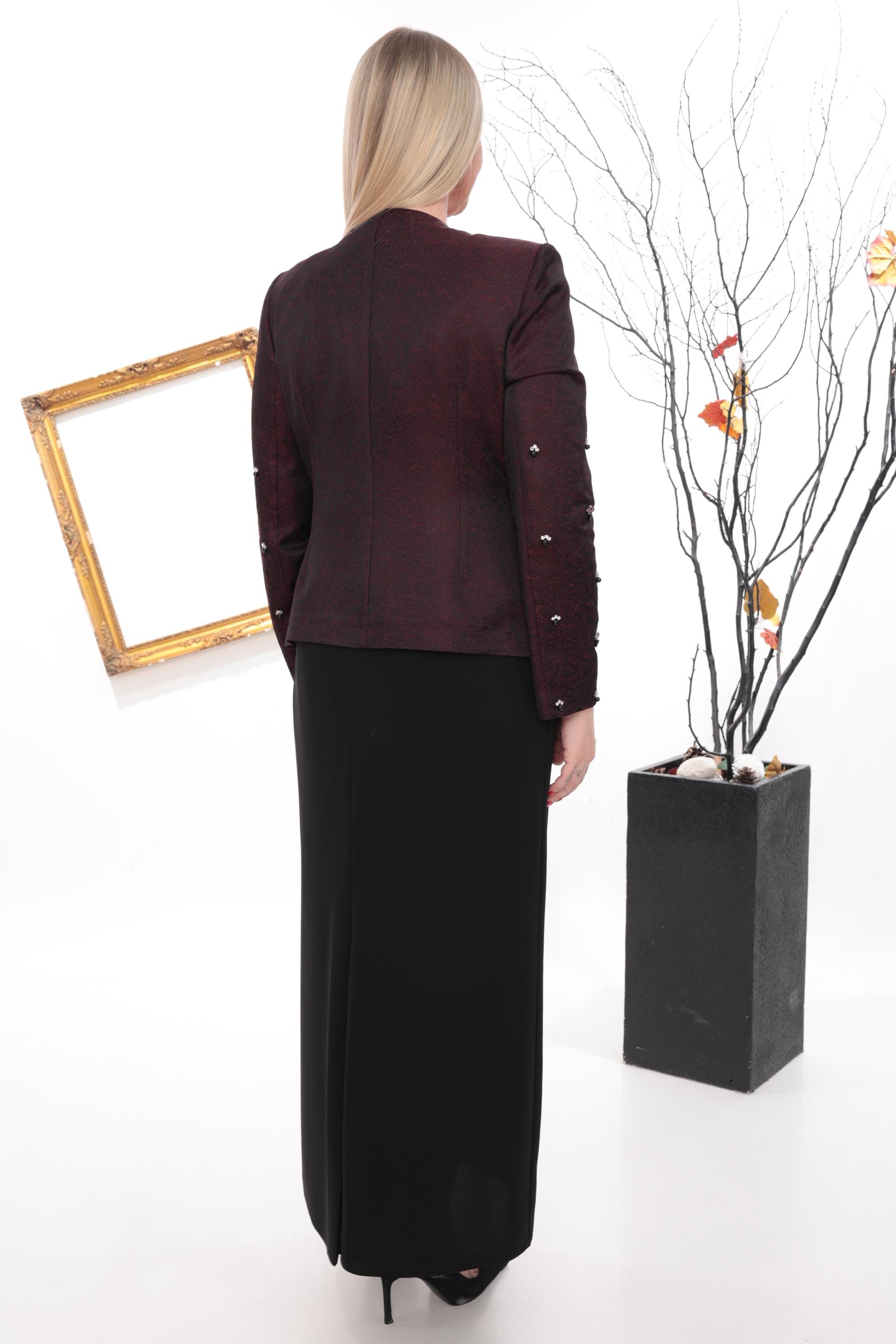 Bordo Taş İşlemeli Uzun Etekli Üçlü Takım