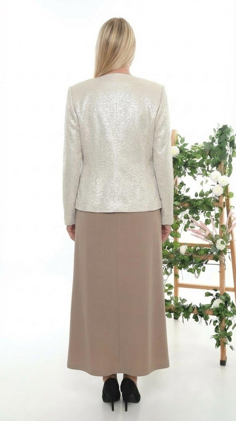 Büyük Beden Astarlı Bej Taşlı Uzun Etekli Üçlü Takım