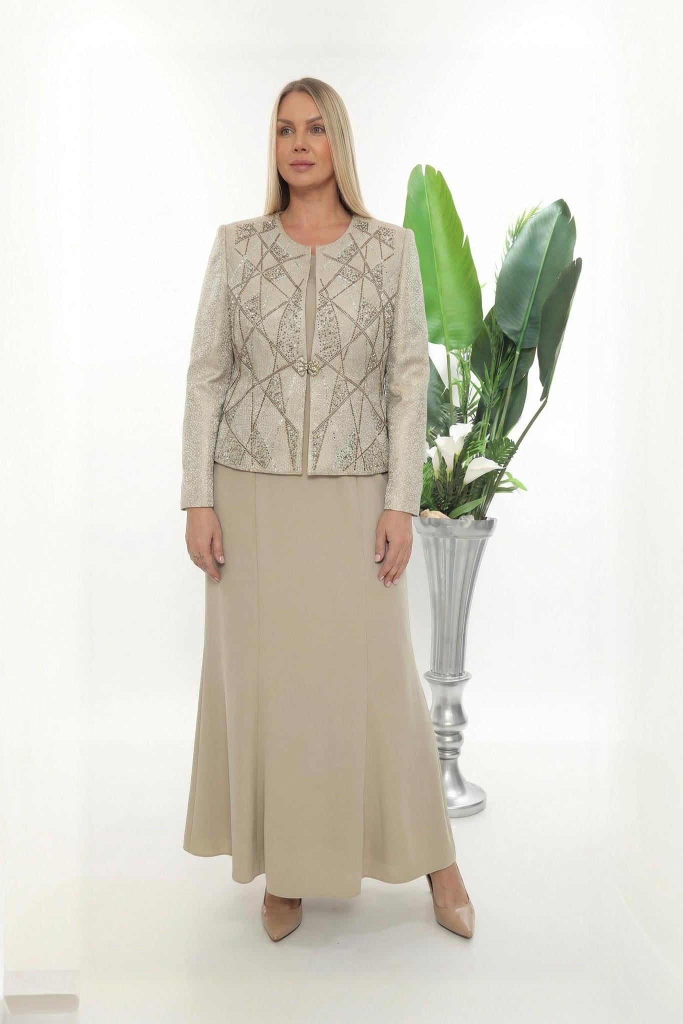 Ceket Taşlı Astarlı Yeşil Uzun Etekli Üçlü Takım