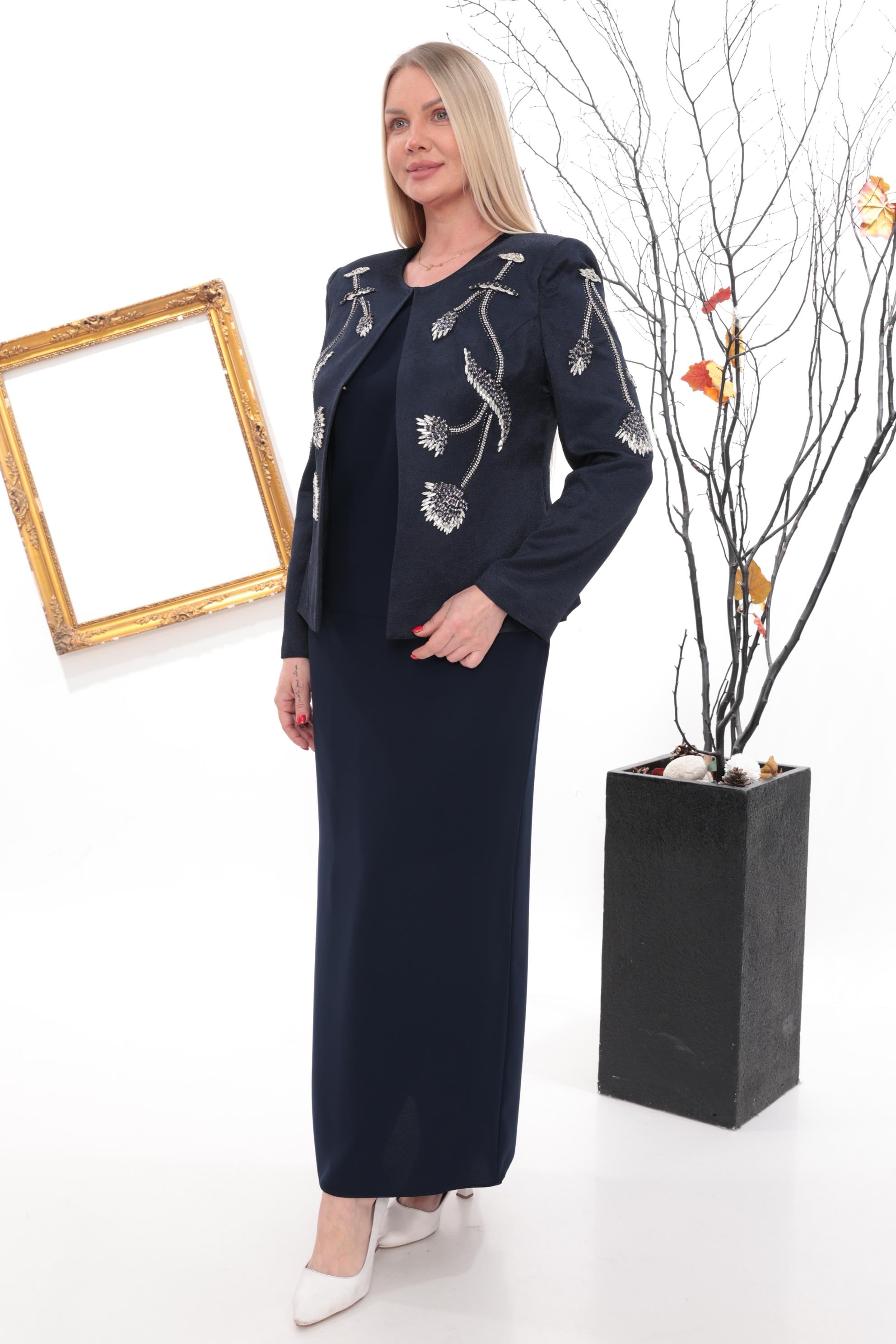 Ceketi Çiçek Motif Detaylı Lacivert Uzun Etekli Üçlü Takım