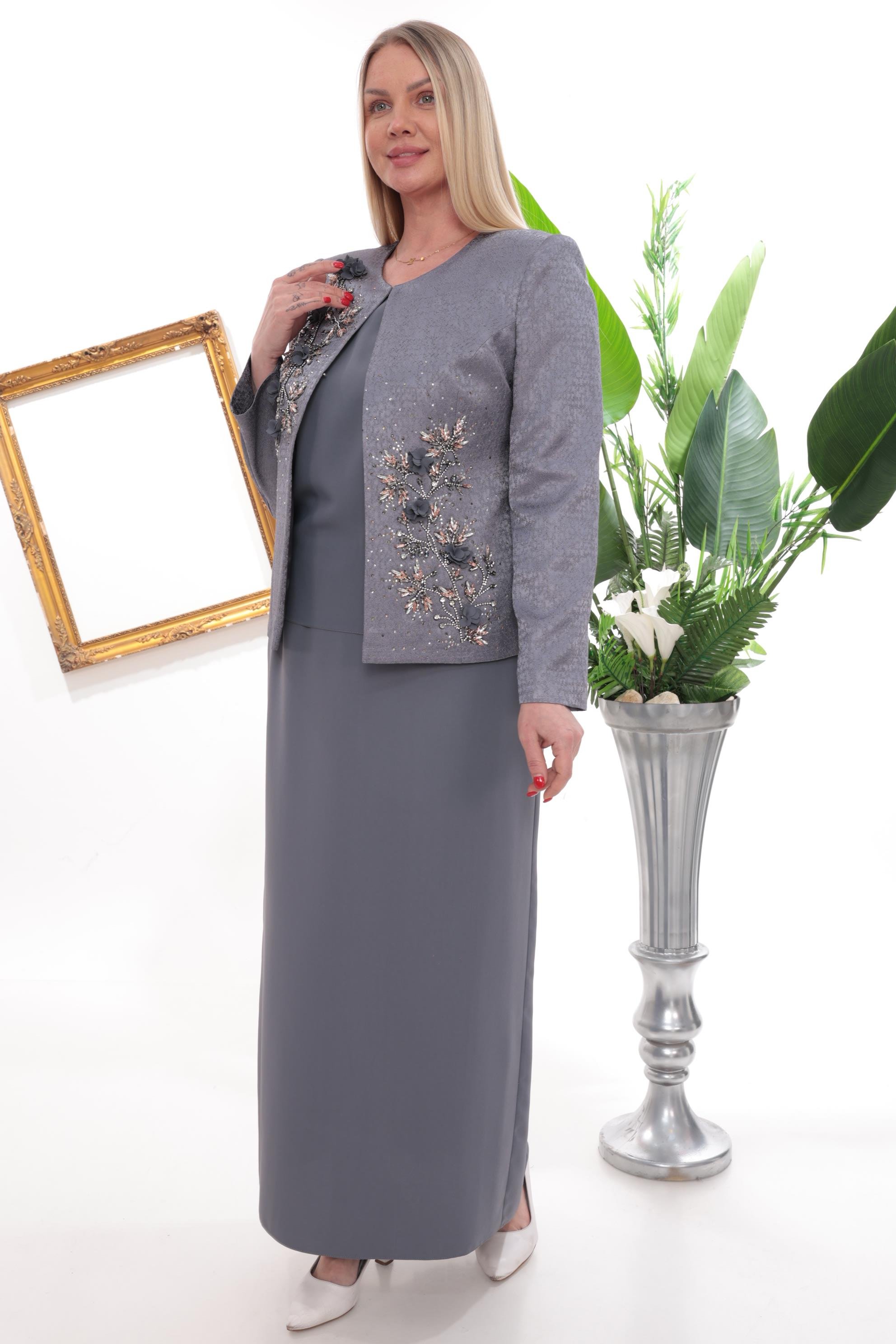 Ceketi Çiçek Motif Detaylı Antrasit Uzun Etekli Üçlü Takım