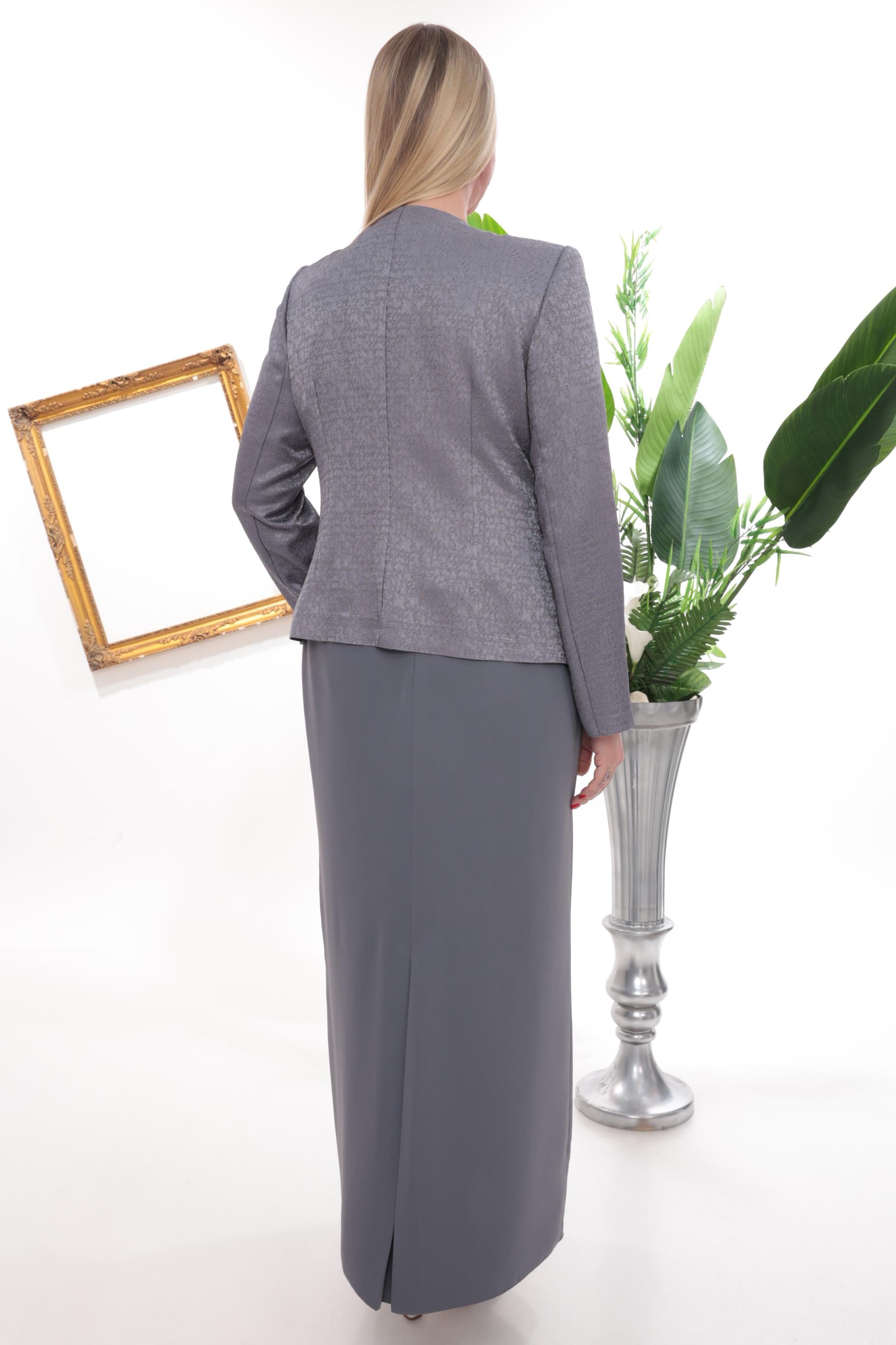 Ceketi Çiçek Motif Detaylı Antrasit Uzun Etekli Üçlü Takım