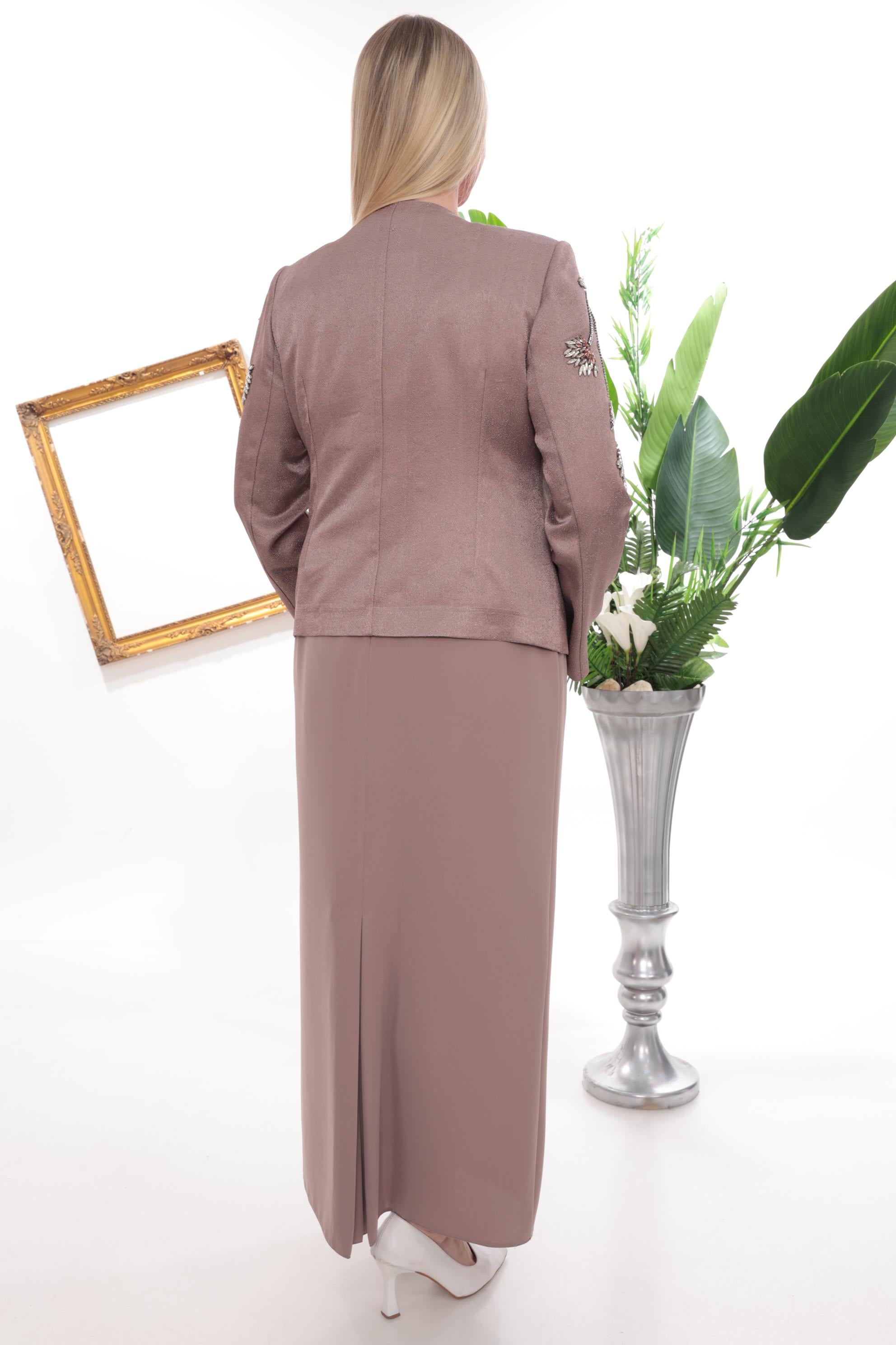 Ceketi Çiçek Motif Detaylı Kiremit Uzun Etekli Üçlü Takım