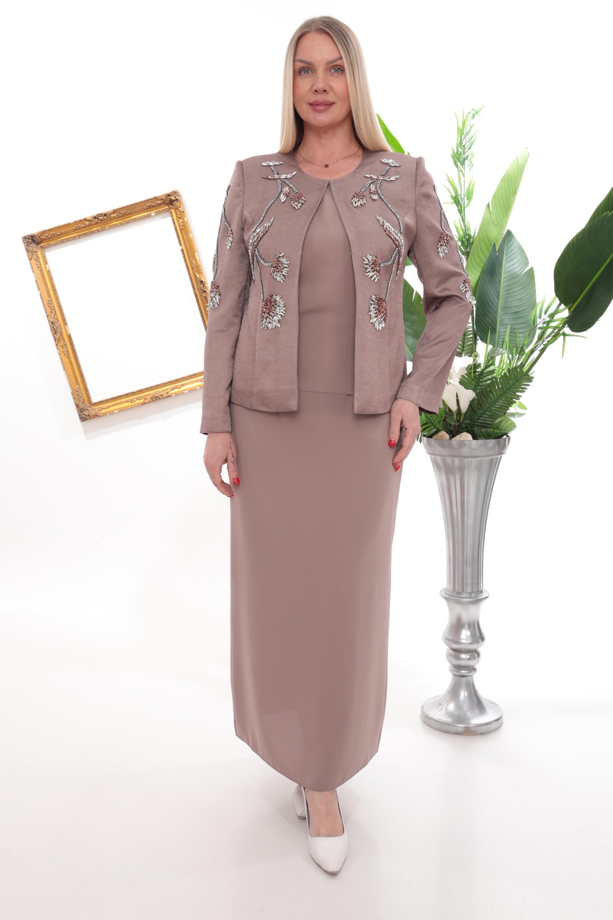 Ceketi Çiçek Motif Detaylı Kiremit Uzun Etekli Üçlü Takım