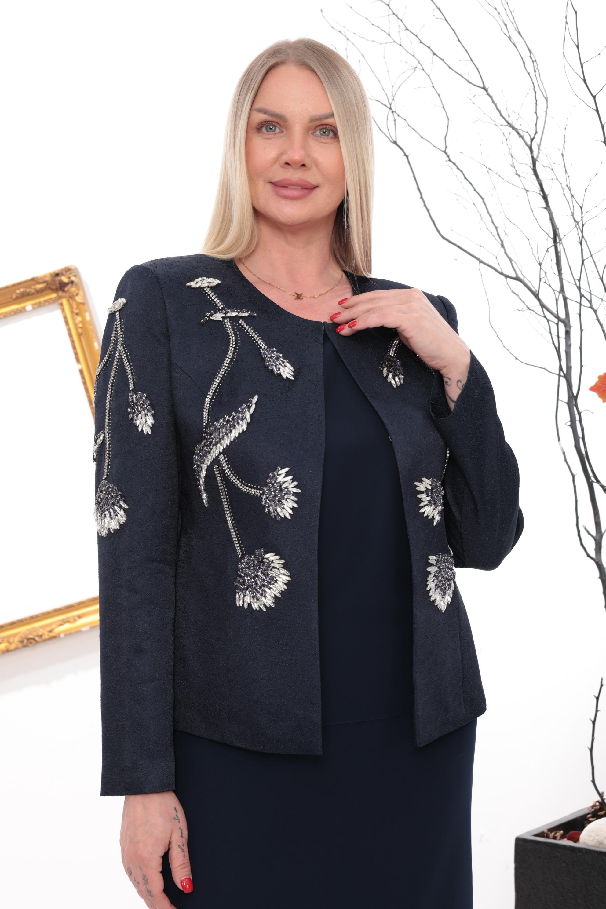 Ceketi Çiçek Motif Detaylı Lacivert Uzun Etekli Üçlü Takım