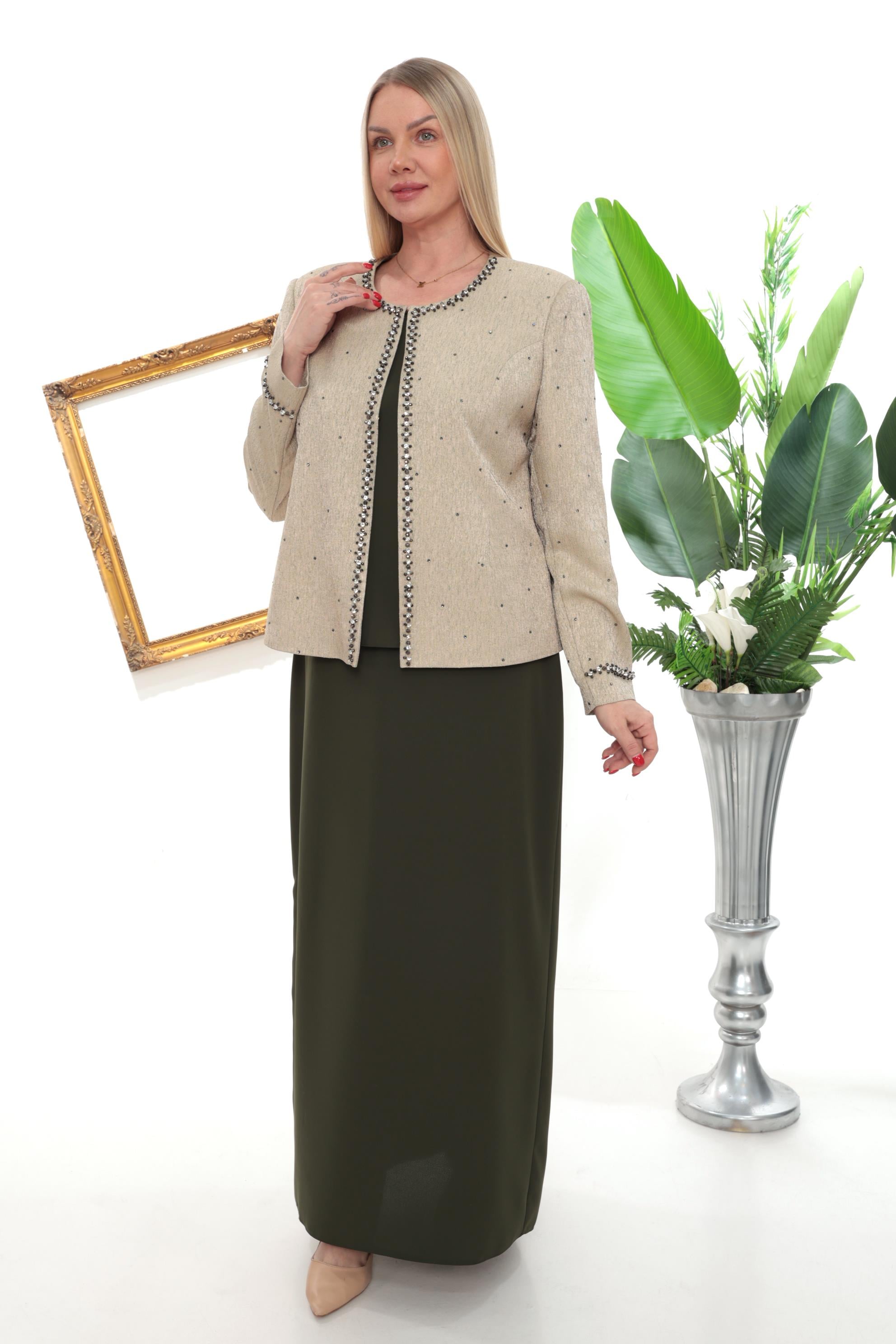 Ceketi Hafif Taş İşlemeli Büyük Beden Haki Uzun Etekli Üçlü Takım