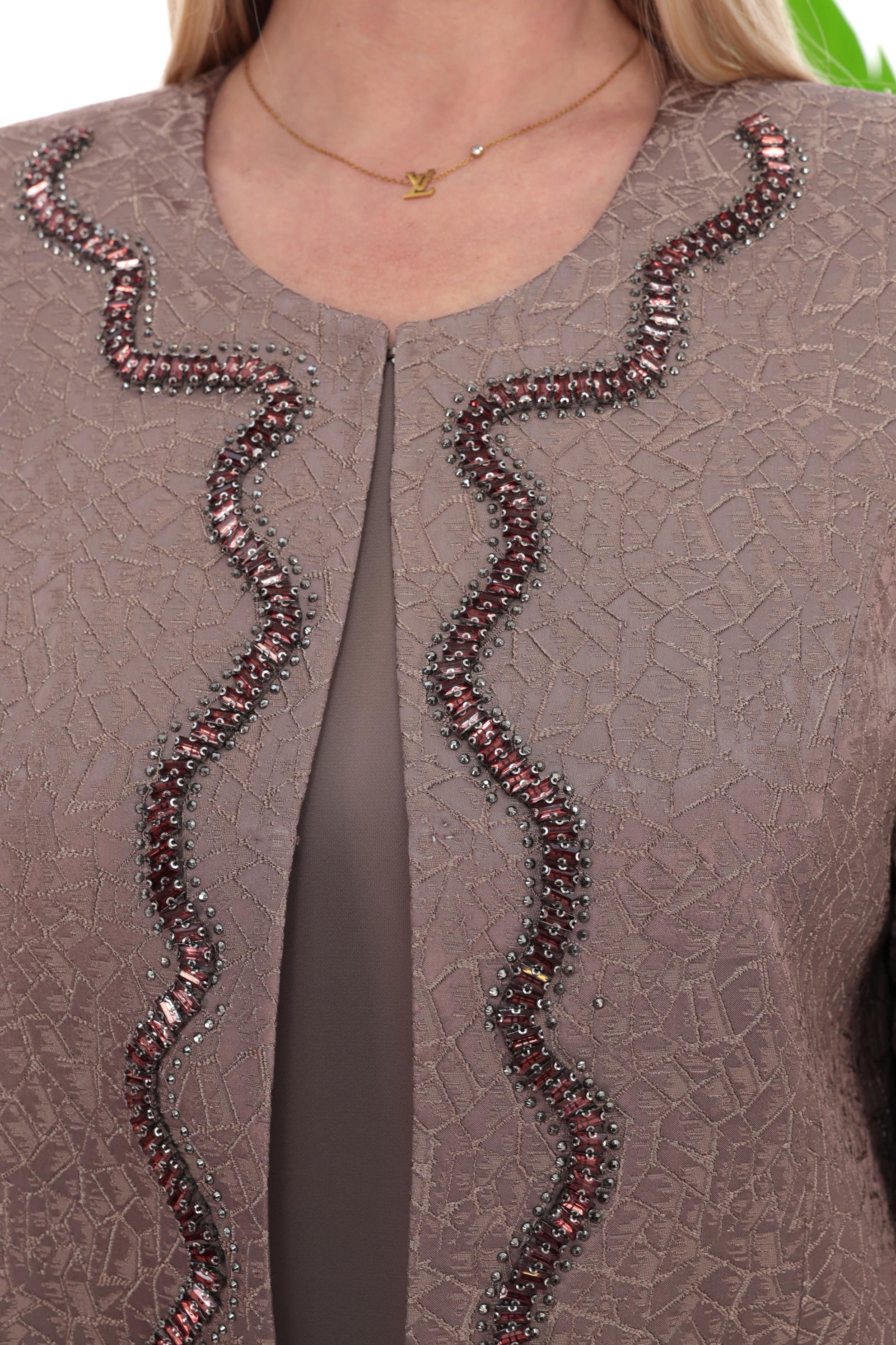 Ceketi Şerit Taş Detaylı Kahverengi Uzun Etekli Üçlü Takım