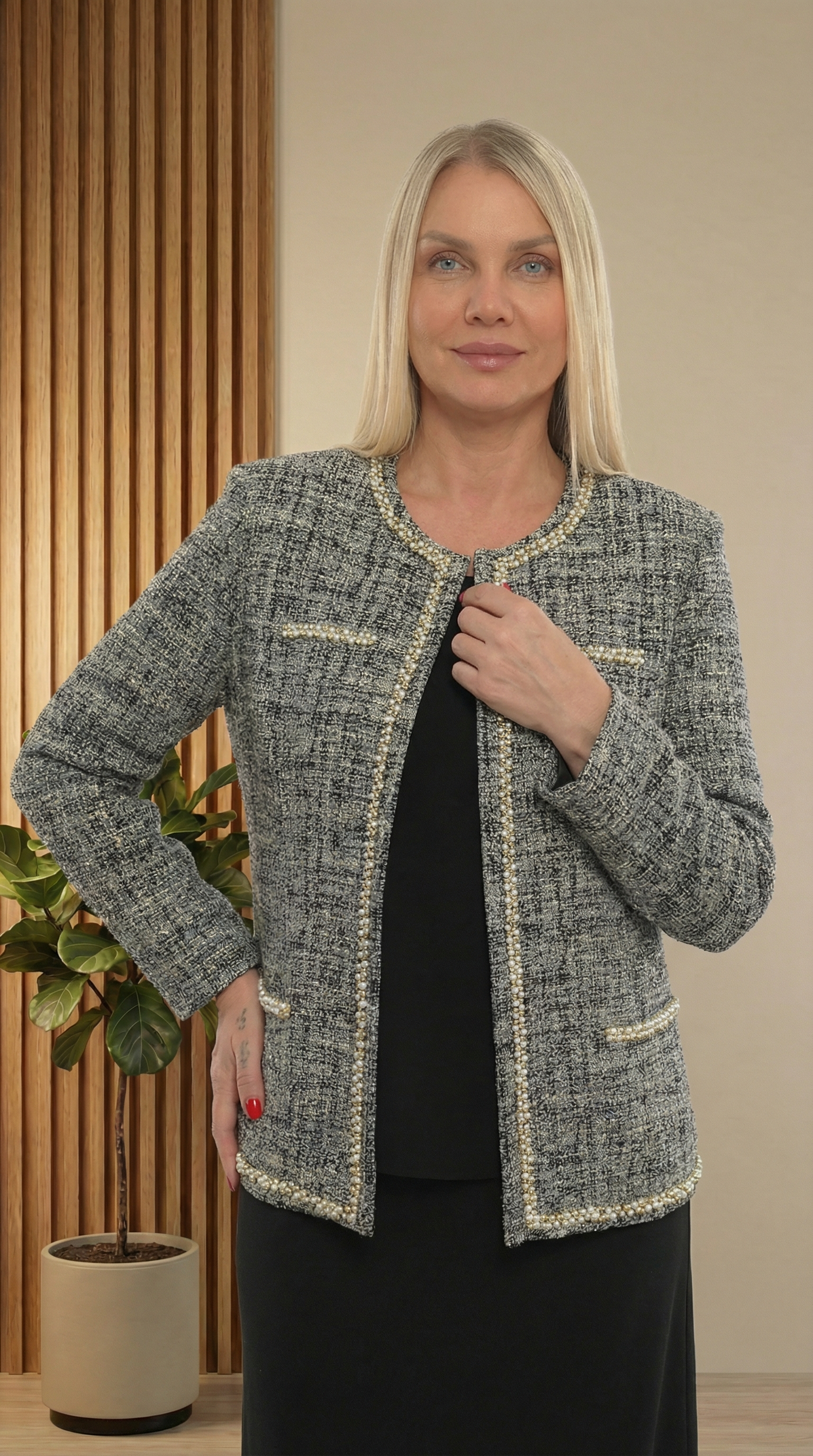 Ceketi Şık Jakar Dokumalı Taşlı Siyah Uzun Etekli Üçlü Takım