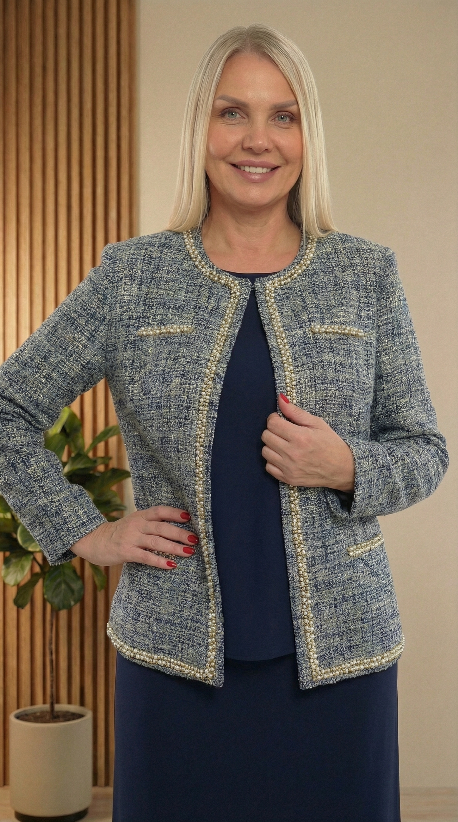 Ceketi Şık Jakar Dokumalı Taşlı Lacivert Uzun Etekli Üçlü Takım