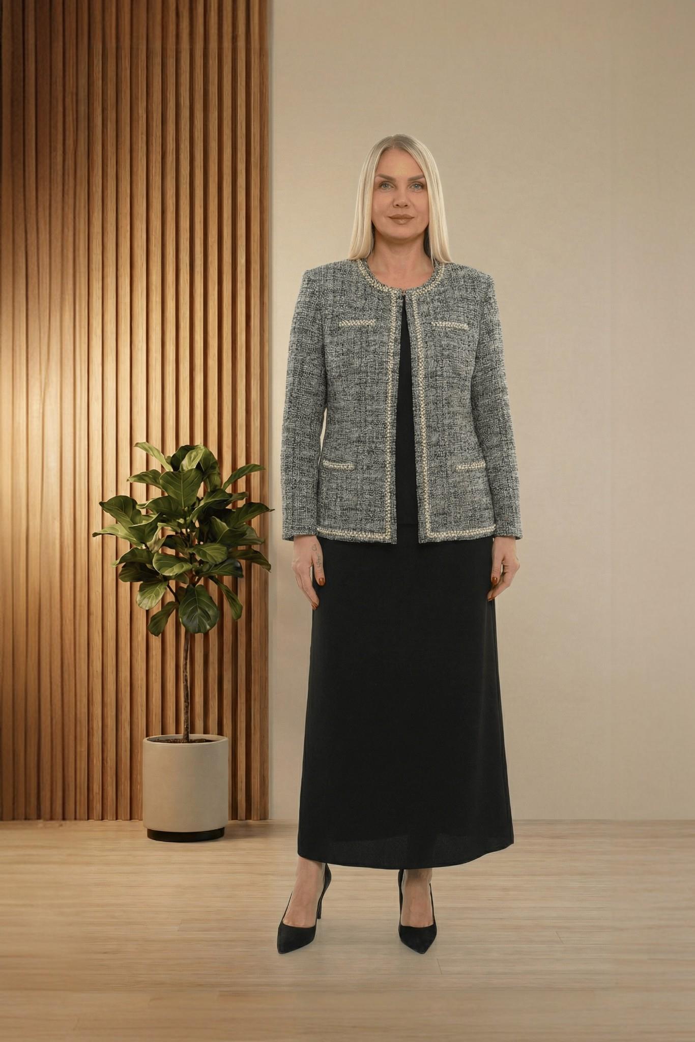 Ceketi Şık Jakar Dokumalı Taşlı Siyah Uzun Etekli Üçlü Takım