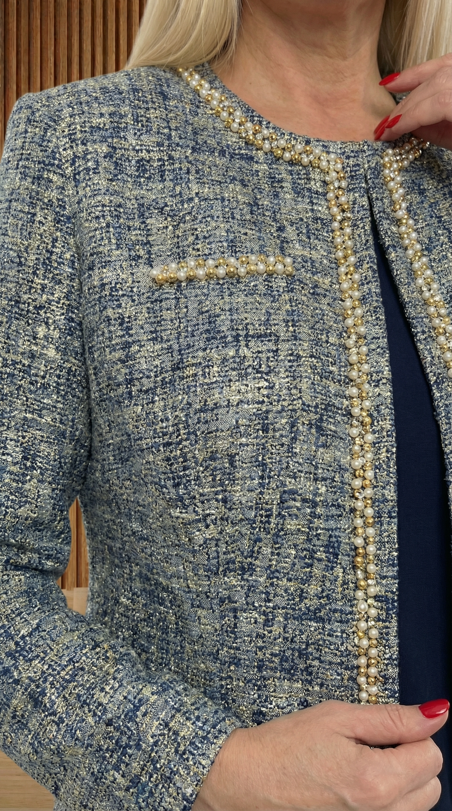 Ceketi Şık Jakar Dokumalı Taşlı Lacivert Uzun Etekli Üçlü Takım