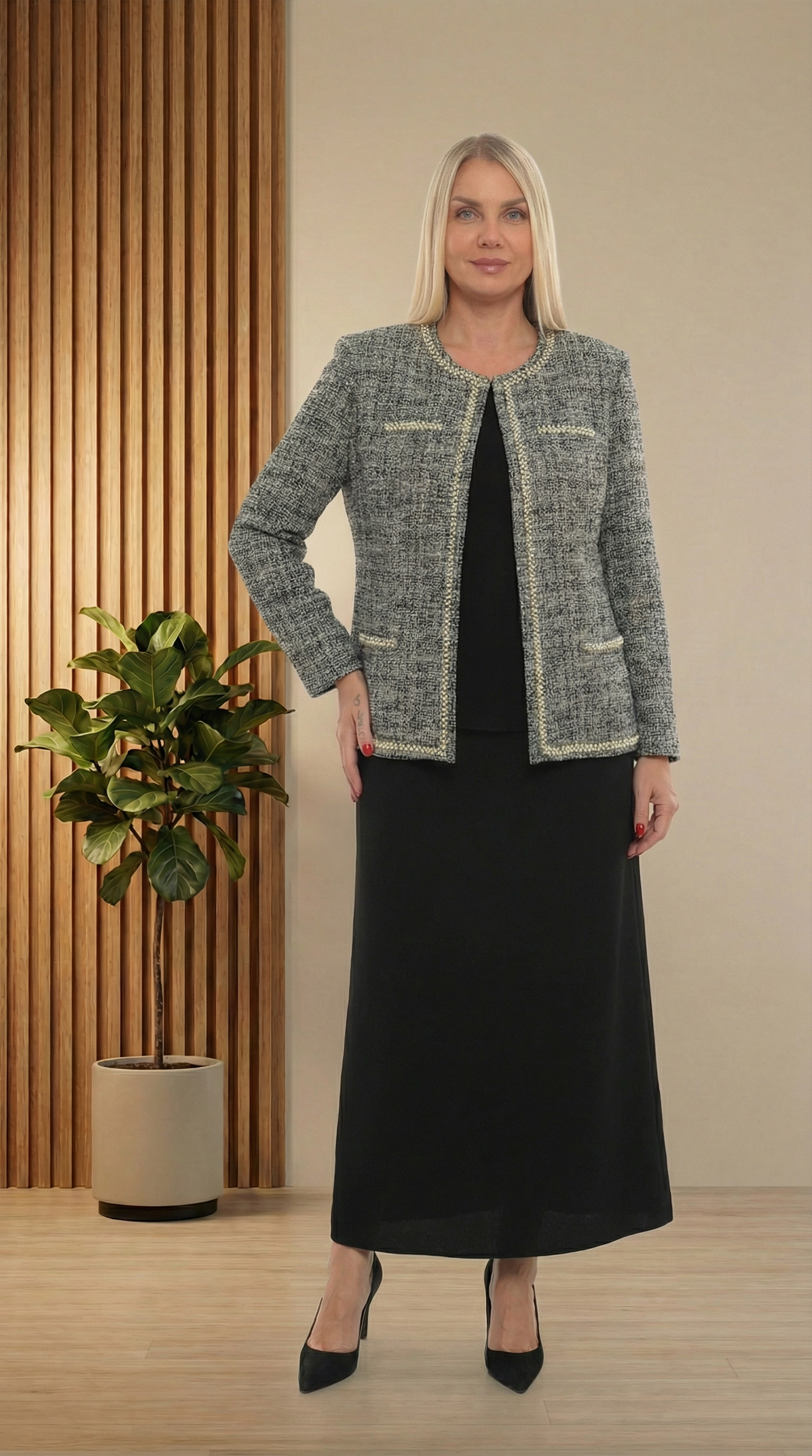 Ceketi Şık Jakar Dokumalı Taşlı Siyah Uzun Etekli Üçlü Takım