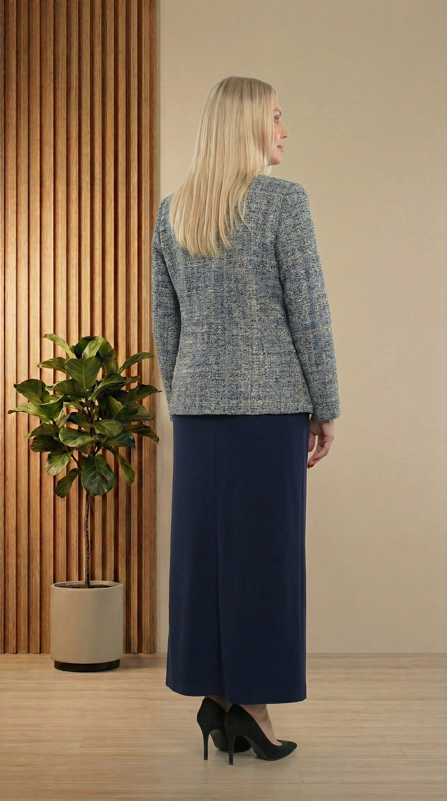 Ceketi Şık Jakar Dokumalı Taşlı Lacivert Uzun Etekli Üçlü Takım