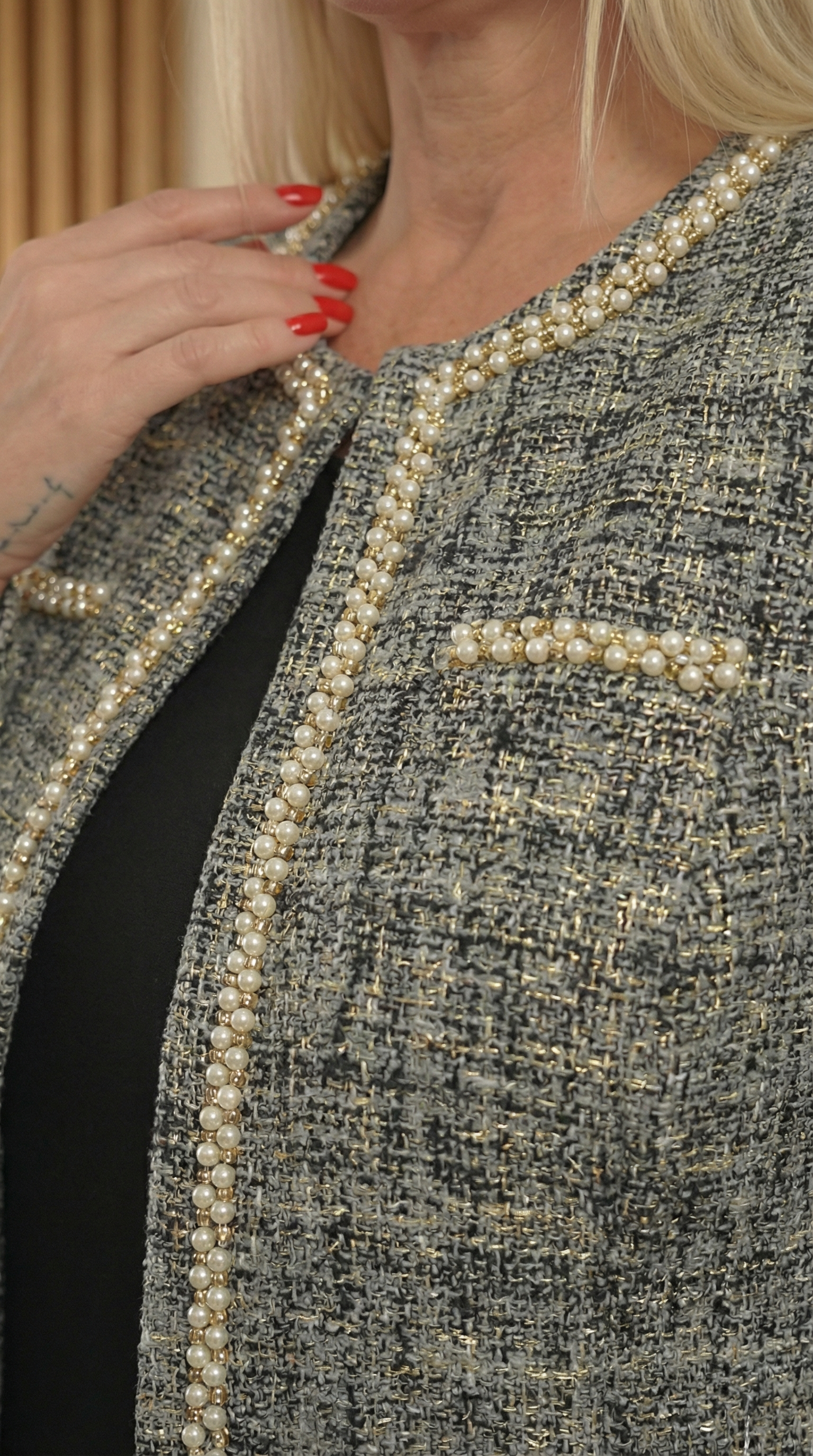 Ceketi Şık Jakar Dokumalı Taşlı Siyah Uzun Etekli Üçlü Takım