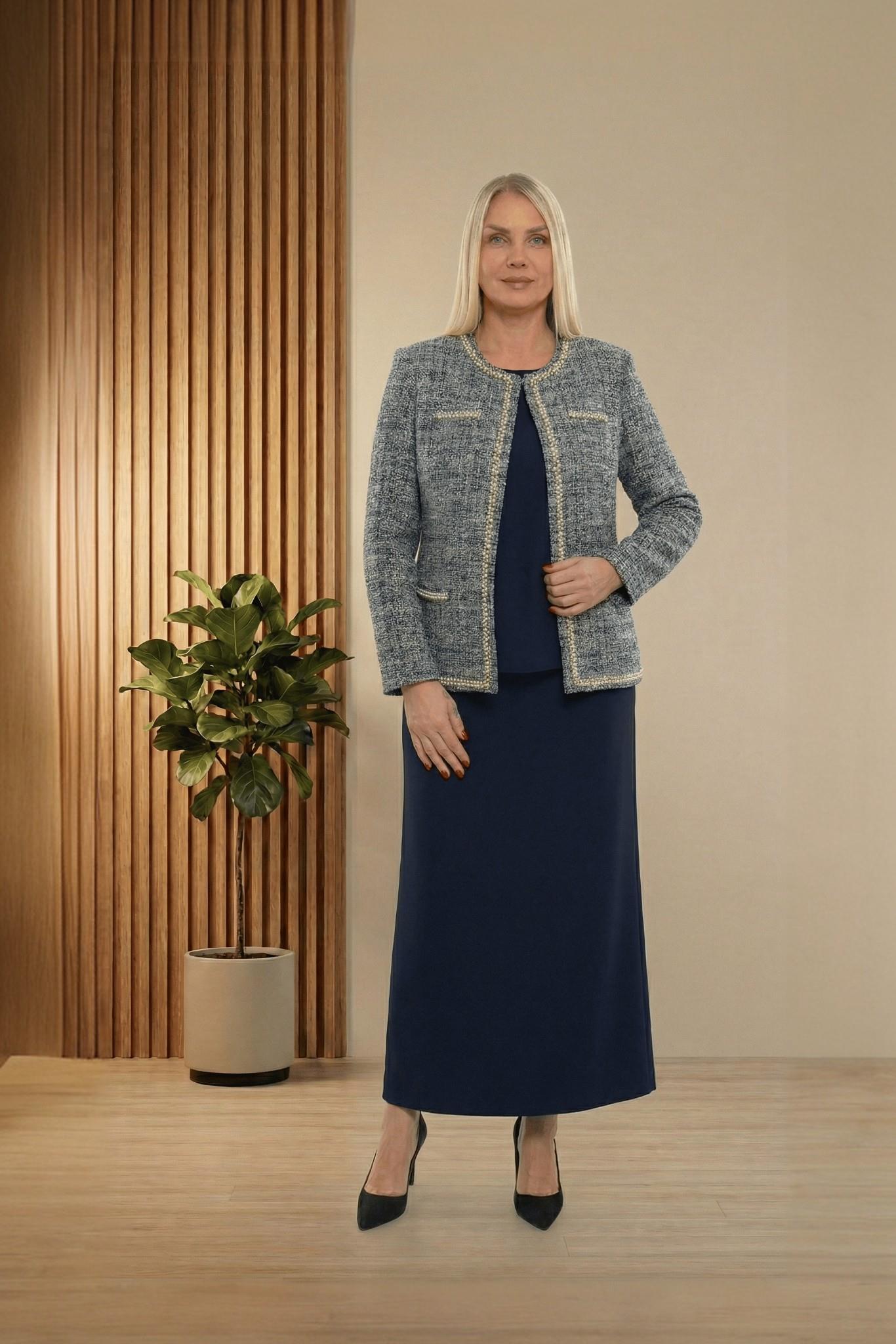 Ceketi Şık Jakar Dokumalı Taşlı Lacivert Uzun Etekli Üçlü Takım