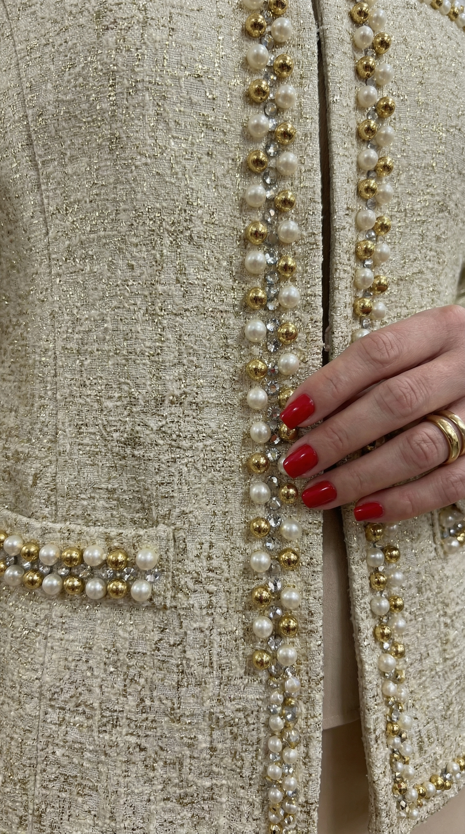 Ceketi Şık Jakar Dokumalı Taşlı Bej Uzun Etekli Üçlü Takım