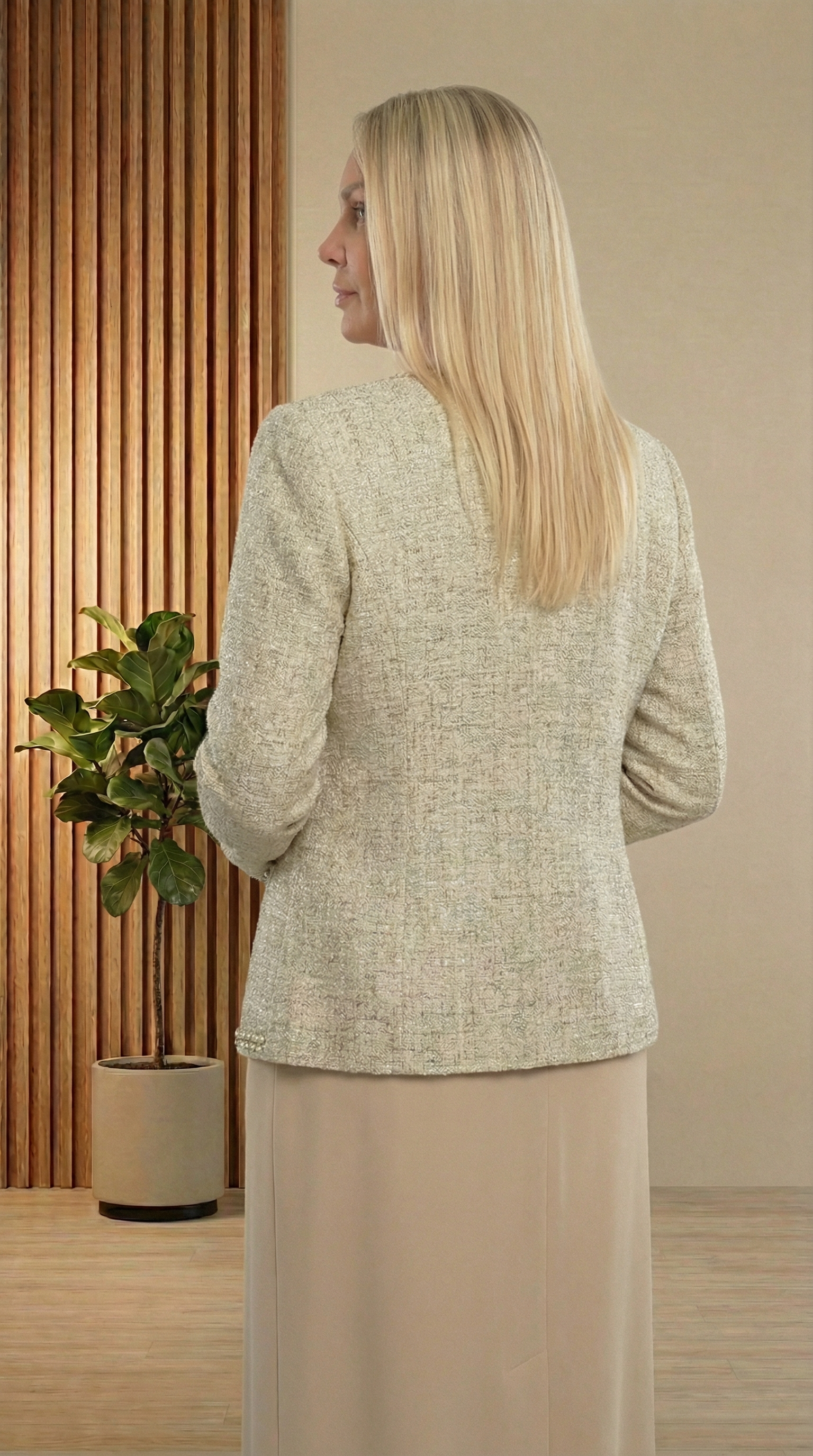 Ceketi Şık Jakar Dokumalı Taşlı Bej Uzun Etekli Üçlü Takım