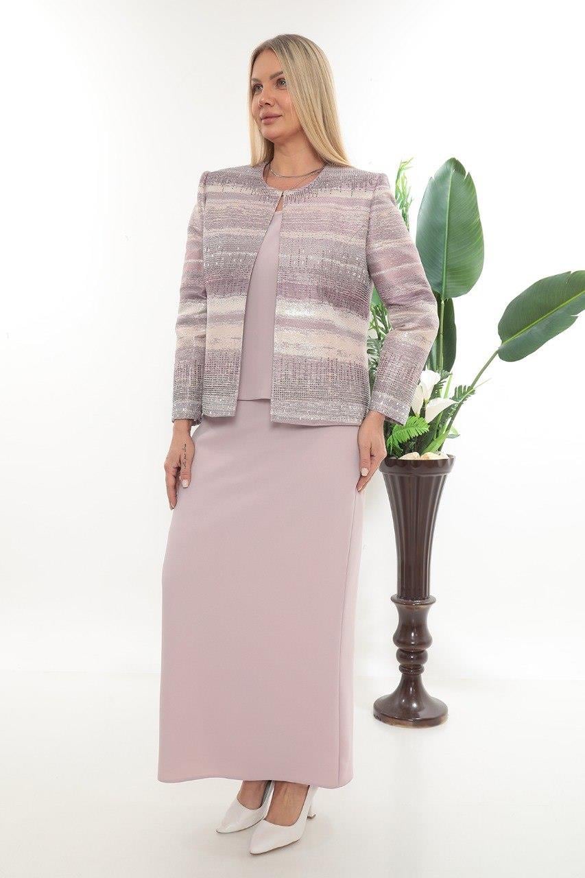 Ceketi Taş Detaylı Astarlı Jakarlı Ceket İçi Kolsuz Bluz Uzun Etekli Üçlü Takım