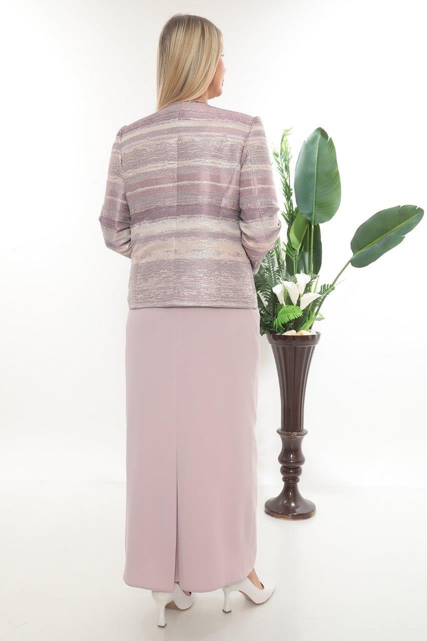 Ceketi Taş Detaylı Astarlı Jakarlı Ceket İçi Kolsuz Bluz Uzun Etekli Üçlü Takım