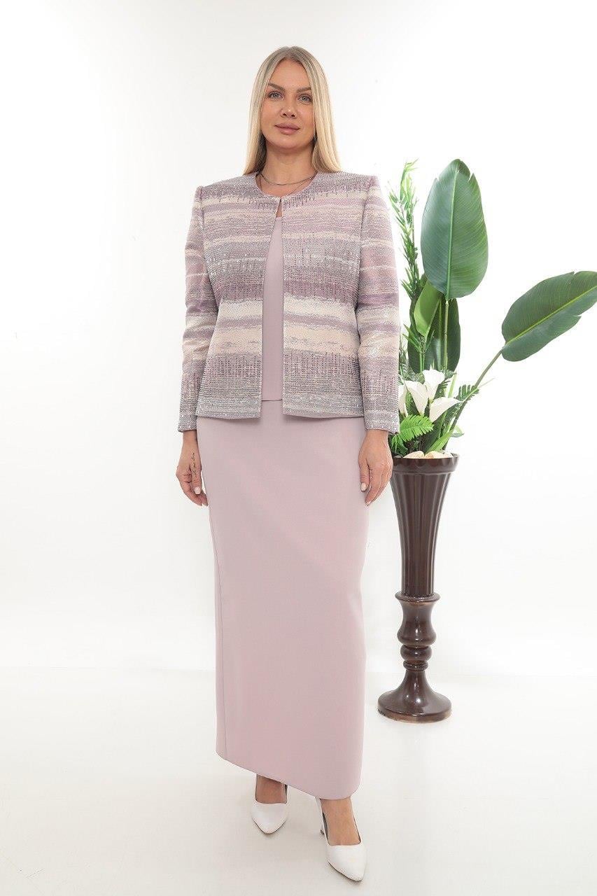 Ceketi Taş Detaylı Astarlı Jakarlı Ceket İçi Kolsuz Bluz Uzun Etekli Üçlü Takım