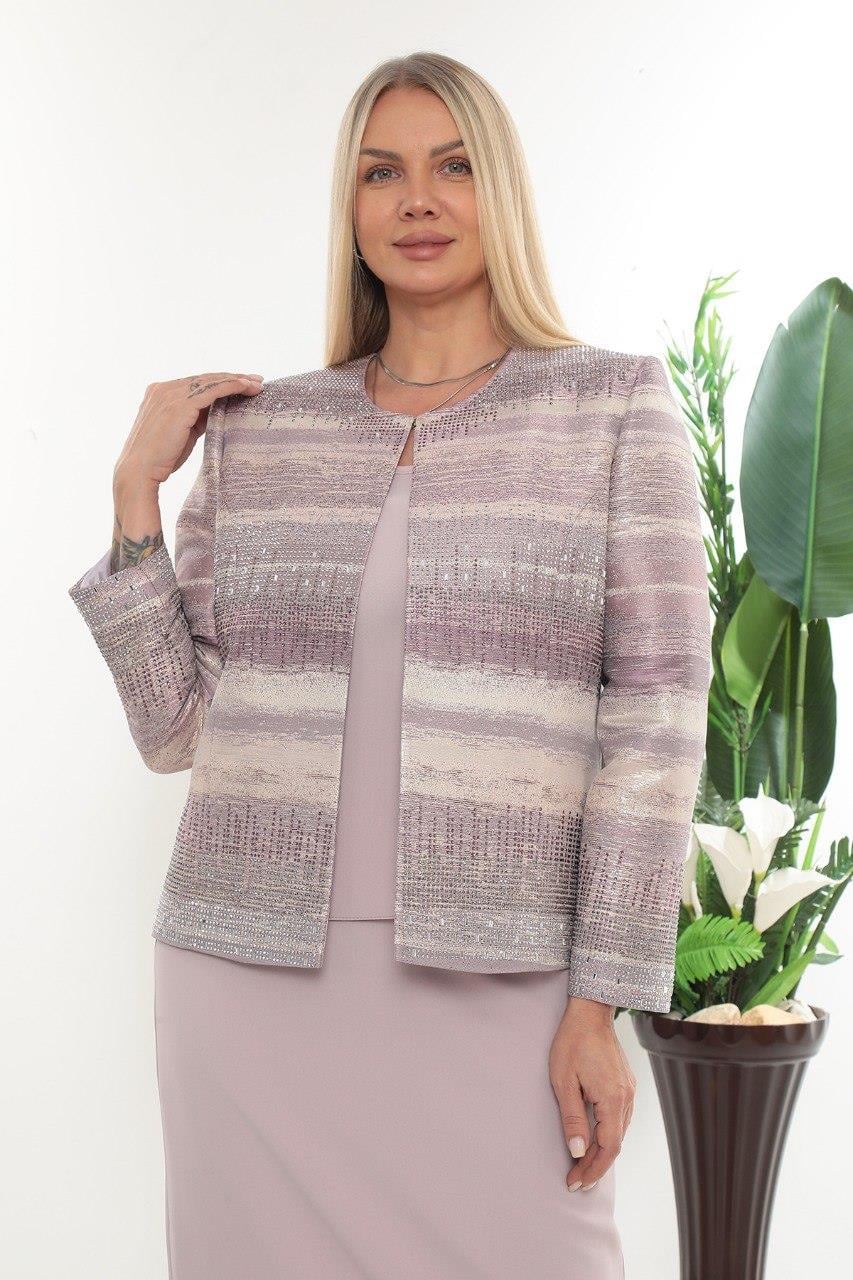 Ceketi Taş Detaylı Astarlı Jakarlı Ceket İçi Kolsuz Bluz Uzun Etekli Üçlü Takım