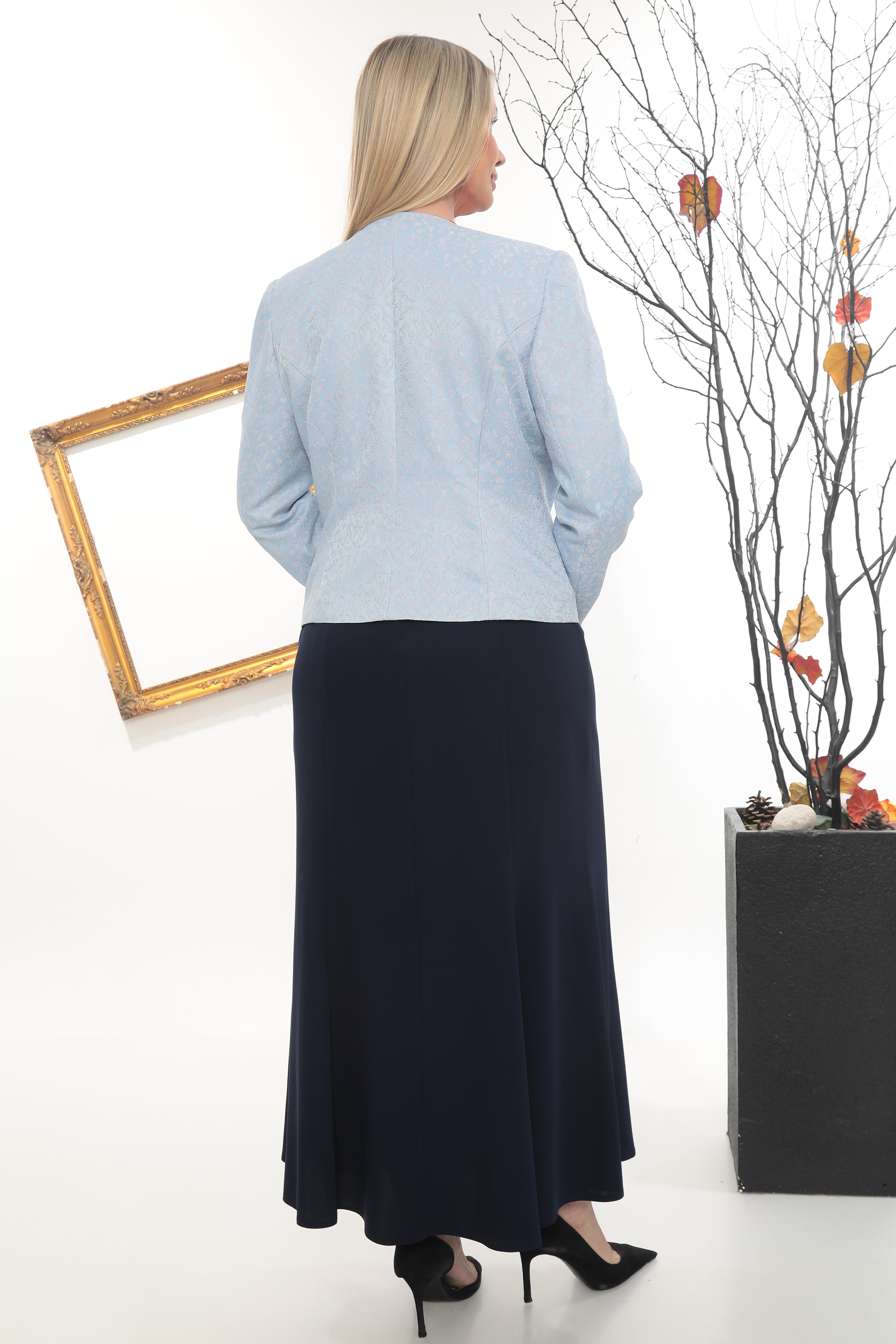 Ceketi Taş İşlemeli Astarlı Lacivert Uzun Etekli Üçlü Takım