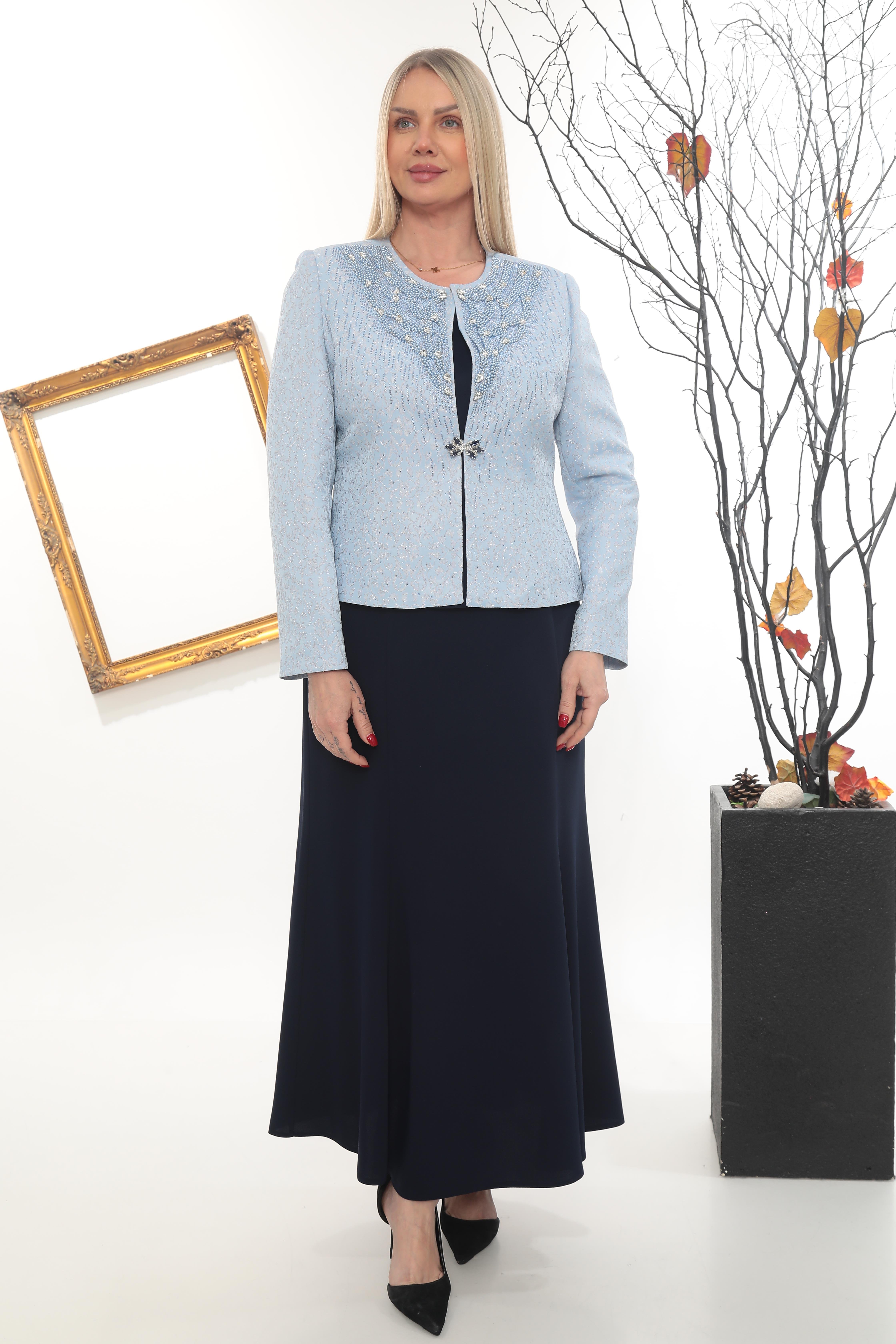 Ceketi Taş İşlemeli Astarlı Lacivert Uzun Etekli Üçlü Takım