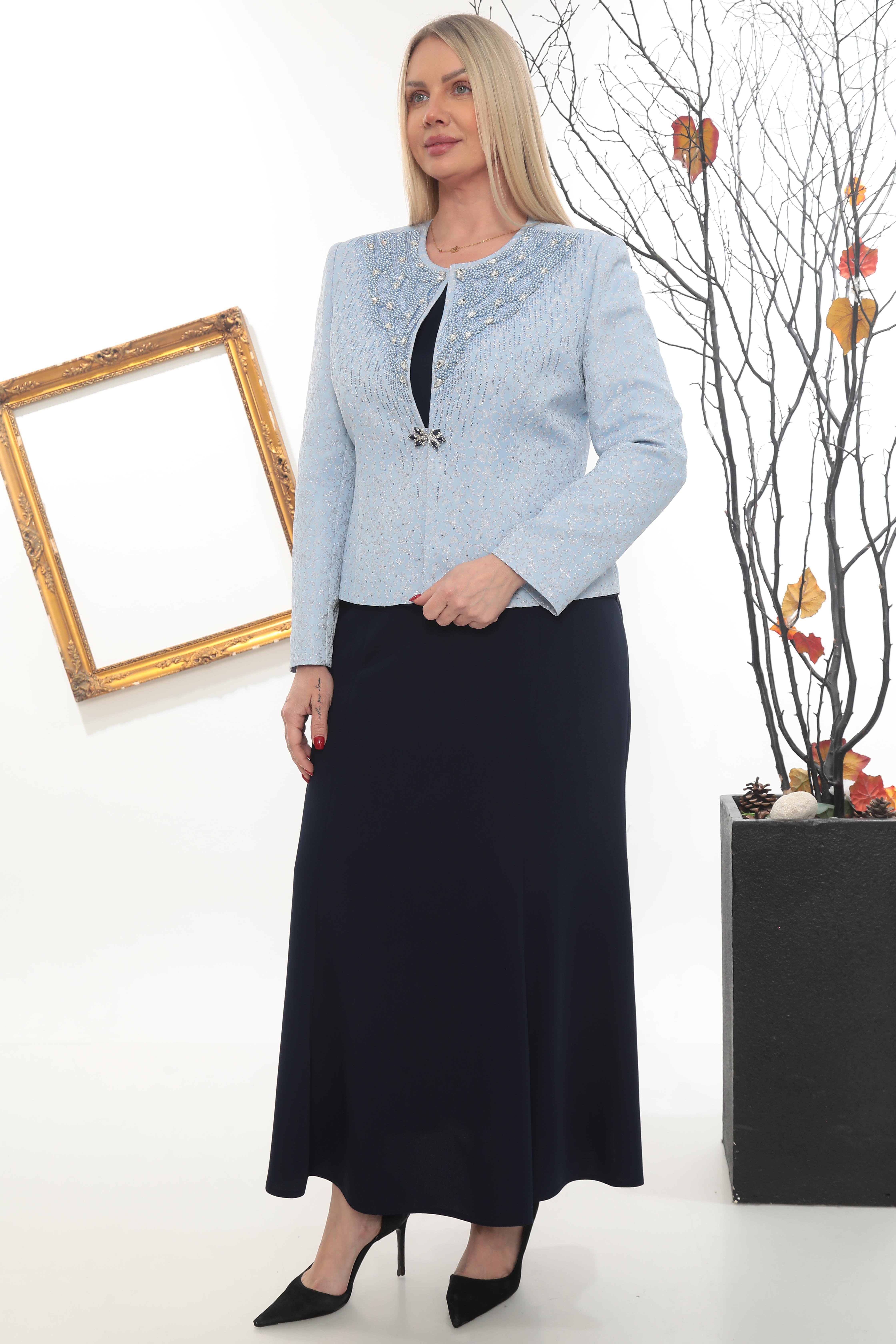 Ceketi Taş İşlemeli Astarlı Lacivert Uzun Etekli Üçlü Takım